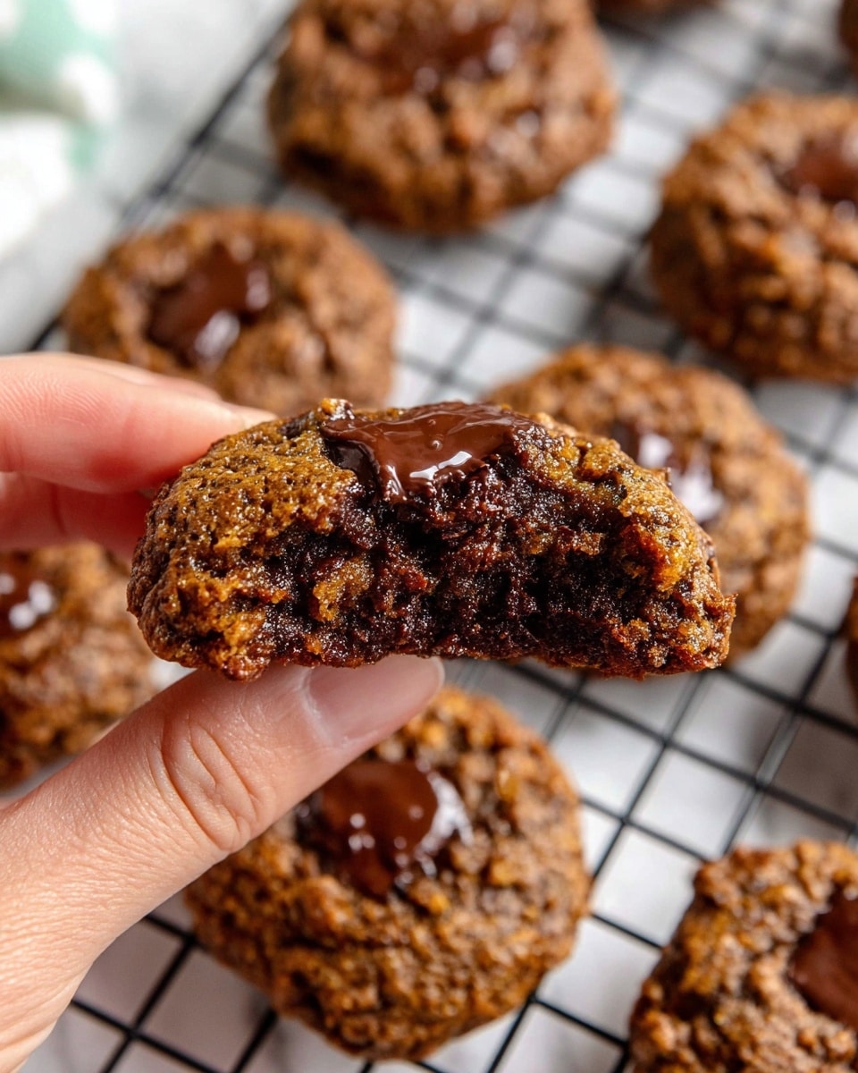 A close-up image shows a woman's hand holding a bitten soft chocolate chip cookie, revealing a moist, dark brown inside with melted dark chocolate pieces. In the background, there are several whole cookies with a rough, textured surface placed on a wire cooling rack, all resting on a white marbled surface. The cookies are round with an uneven, homemade look and have melted chocolate chips visible on top. Photo taken with an iphone --ar 4:5 --v 7