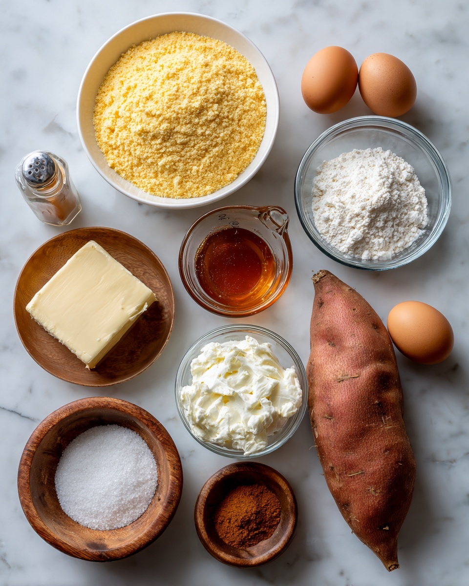 The image shows various cooking ingredients arranged on a white marbled surface. At the top center, there is a white bowl filled with yellow cornmeal. To its right, there is a small glass bowl with white baking powder, and below that, a small glass bowl with white baking soda. Two brown eggs sit to the right side near the center. Below the eggs, there is a metal measuring cup filled with amber honey. A large brown sweet potato is positioned near the center bottom. At the bottom left, a small glass bowl holds a rectangular piece of pale yellow butter. To the left of the sweet potato, a small white bowl contains white yogurt. Finally, a wooden bowl with a lid holds coarse salt, and a small glass bottle of cinnamon stands near the yogurt bowl. All ingredients are clearly labeled with white text. photo taken with an iphone --ar 4:5 --v 7