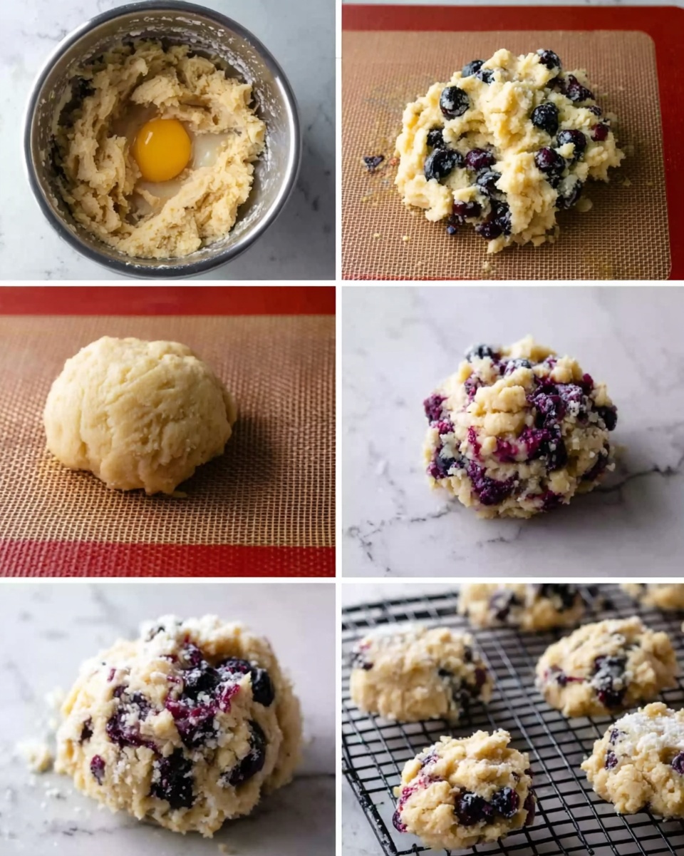 The image shows six steps of making blueberry cookies on a white marbled surface. The first step is a close-up of cookie dough in a metal bowl with an egg cracked in the middle; the dough looks creamy and light brown. The second step shows the dough mixed with whole blueberries inside the same bowl, the dough is thick, pale yellow with dark blue berries scattered on top. In the third step, the dough is fully mixed with berries, showing a rough, sticky texture with purple and blue berry spots throughout. The fourth step shows a rounded, raw cookie dough ball placed on a brown silicone baking mat on a white marbled surface, with visible blueberries inside. The fifth step shows the same cookie ball coated with white crumbly topping, placed on the same mat. The sixth step shows three baked cookies on a black wire cooling rack on the white marbled surface, where the cookies are golden brown with dark blueberries peeking out and a crunchy texture on top. Photo taken with an iphone --ar 4:5 --v 7