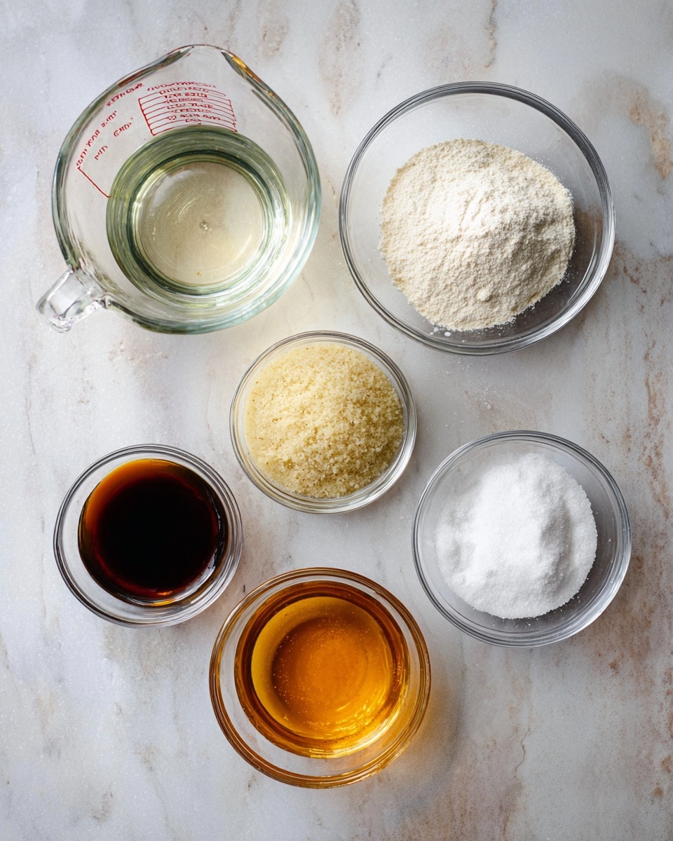 The image shows six clear glass bowls and a glass measuring cup arranged on a white marbled surface. In the top left, the measuring cup holds a clear liquid. Around it, five round bowls contain different ingredients: a bowl with white powdery substance on the top right, a bowl with light yellow granular content near the bottom right, a smaller bowl with a dark brown liquid in the bottom center, a small bowl with coarse white salt or powder in the bottom left, and a medium bowl with a golden liquid in the middle left. All bowls show the textures of their contents clearly, with soft and crumbly powders and smooth liquids. photo taken with an iphone --ar 4:5 --v 7