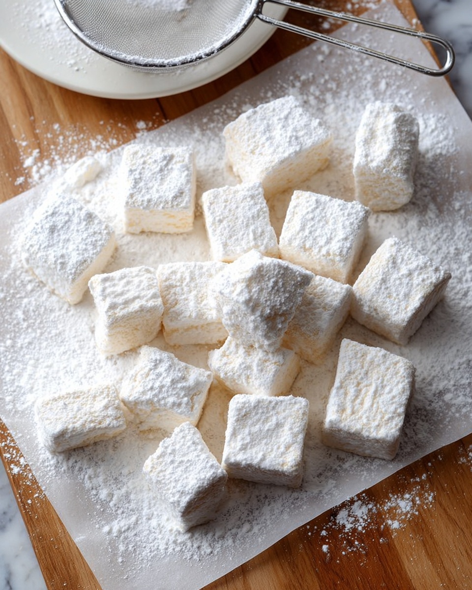 The image shows many small white marshmallows dusted with powdered sugar scattered on a white parchment paper over a wooden surface. The marshmallows are square-shaped, with soft edges and a powdery texture. In the top left corner, a white plate with powdered sugar and a white metal sieve rests on the white marbled surface. The overall setting is bright with soft natural light highlighting the powder and textures. photo taken with an iphone --ar 4:5 --v 7