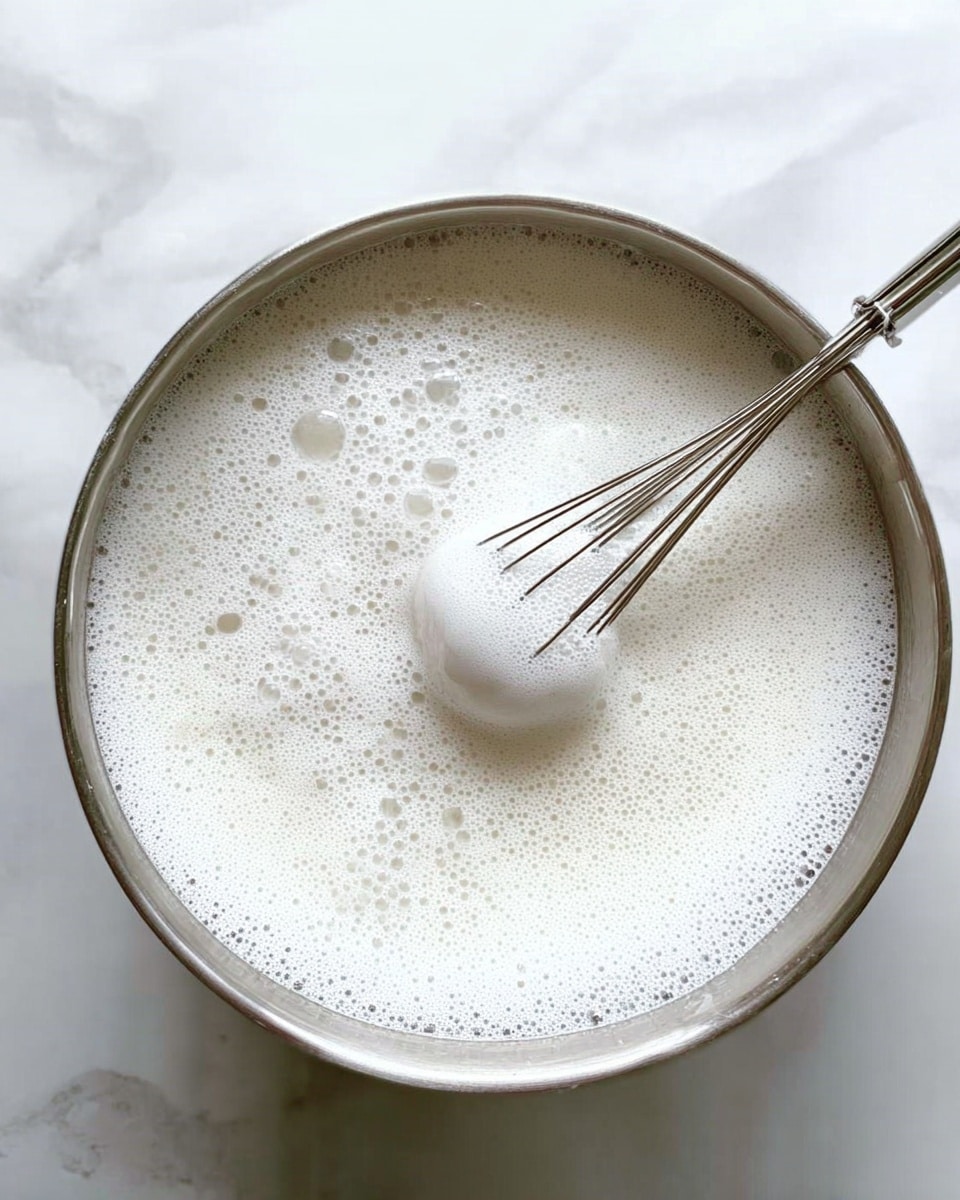 The image shows a bowl filled with white foam made from milk. A metal whisk with round foam at the tip is above the bowl, showing bubbles in the foam. The bowl is steel and sits on a white marbled surface. The foam layer is thick with small and large bubbles spread across it. photo taken with an iphone --ar 4:5 --v 7
