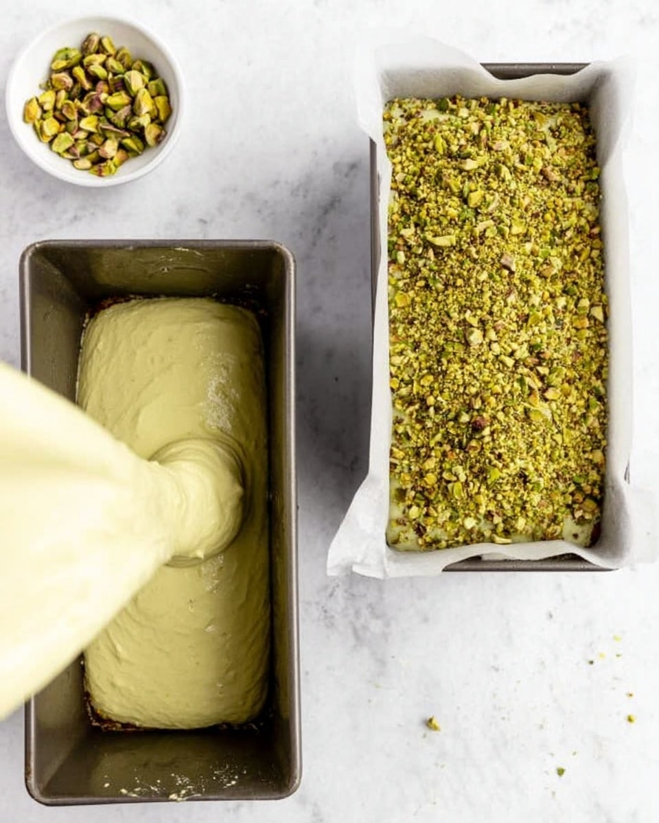 The image shows a two-step baking process with a rectangular metal baking pan lined with parchment paper placed on a white marbled surface. On the left side, a thick, pale green batter is being poured into the pan, folding over itself softly and filling the pan evenly with a smooth texture. On the right side, the batter has been baked into a firm, light green cake, topped with a generous layer of crushed green pistachio nuts that cover the whole surface evenly, adding a rough and crunchy texture to the smooth cake below. Nearby, there is a small white bowl with additional pistachio pieces. Photo taken with an iphone --ar 4:5 --v 7