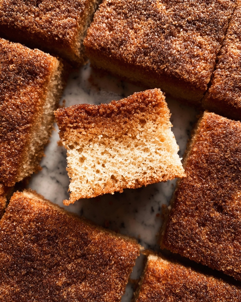 A stack of soft, spongy cake pieces with a light brown crumb showing air pockets throughout each piece, with a darker brown, slightly crisp top dusted with fine cinnamon sugar. The cake squares are layered on top of each other unevenly, all placed on a wooden board that rests on a white marbled background. The warm tones of the cake range from medium tan inside to rich caramel on the crust. Part of a red and white striped cloth is visible in the foreground. Photo taken with an iphone --ar 4:5 --v 7