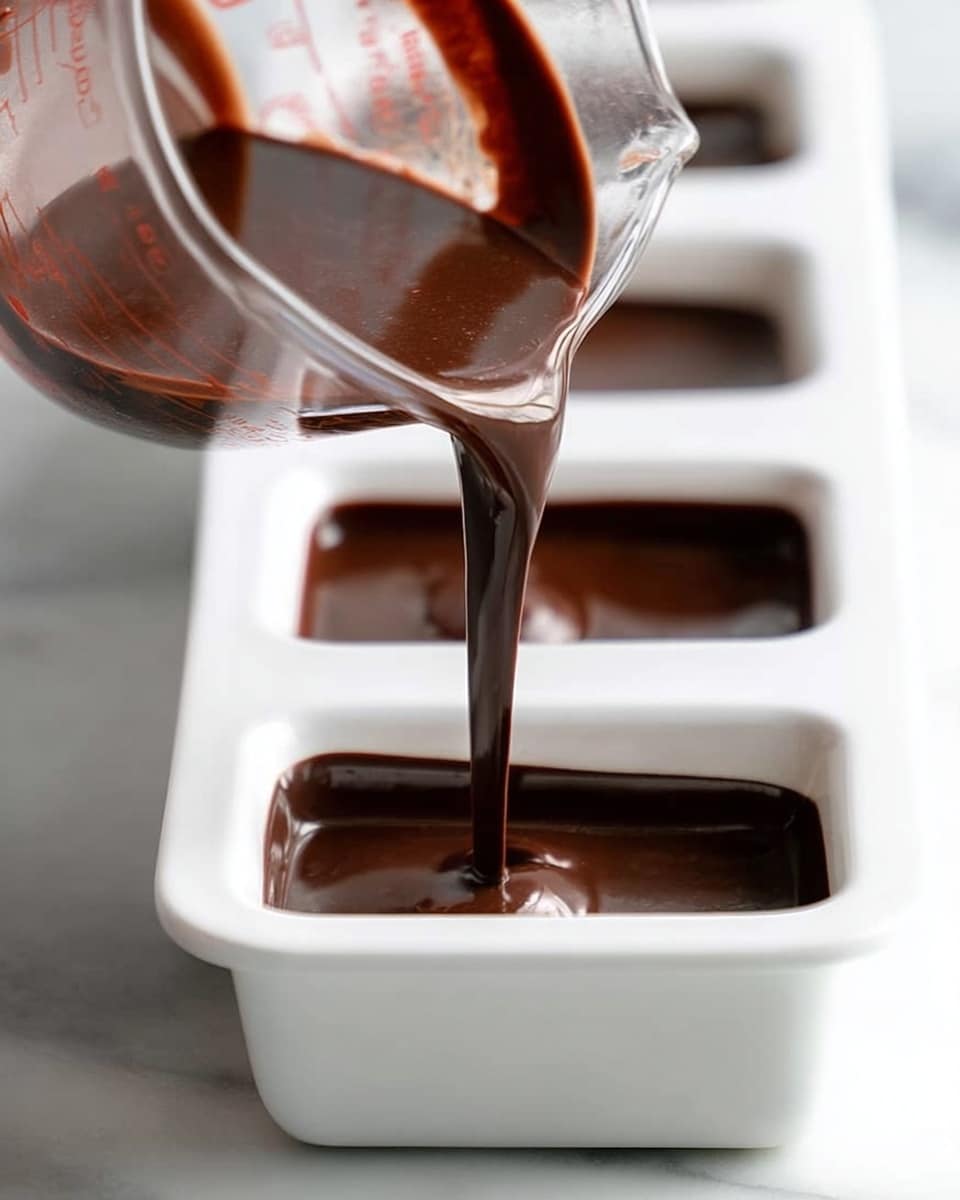 A clear glass measuring cup tilted, pouring smooth, dark brown chocolate mixture into white rectangular mold trays with rounded edges, each mold deep and shiny as it fills. The tray sits on a white marbled surface with soft lighting creating gentle reflections on the liquid chocolate. The background is bright and softly blurred, focusing on the rich texture of the chocolate flowing and pooling in the mold. photo taken with an iphone --ar 4:5 --v 7
