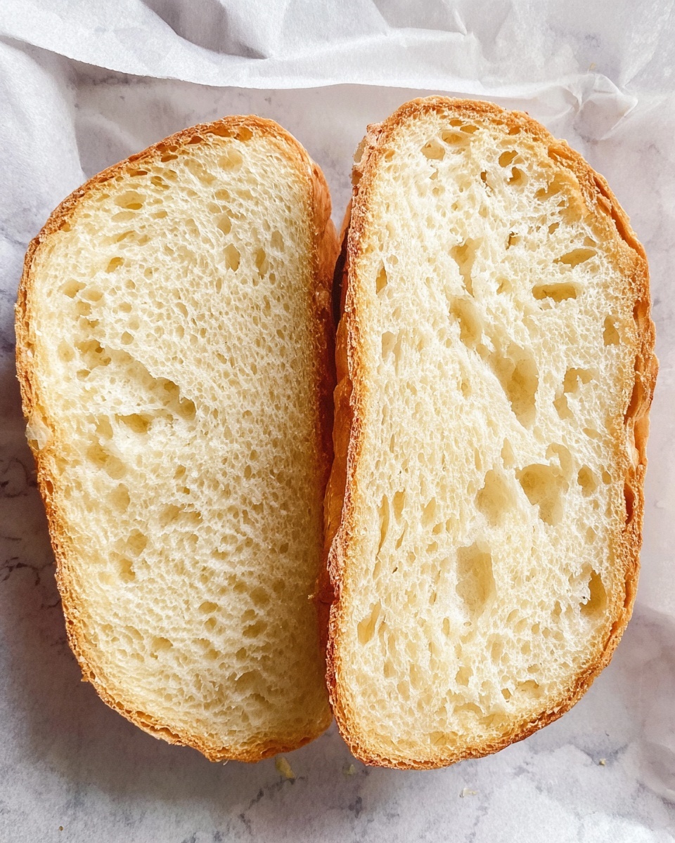 The image shows a round loaf of bread dusted with white flour on top, resting on a black wire cooling rack. The loaf is cut in half, with one half showing the golden-brown crust and the other half displaying the soft, light yellow inside with small holes throughout. The bread has a slightly rough texture on the crust. To the right, there is a part of a knife with a black handle and a small corner of a white cloth. The background is a white marbled surface. photo taken with an iphone --ar 4:5 --v 7