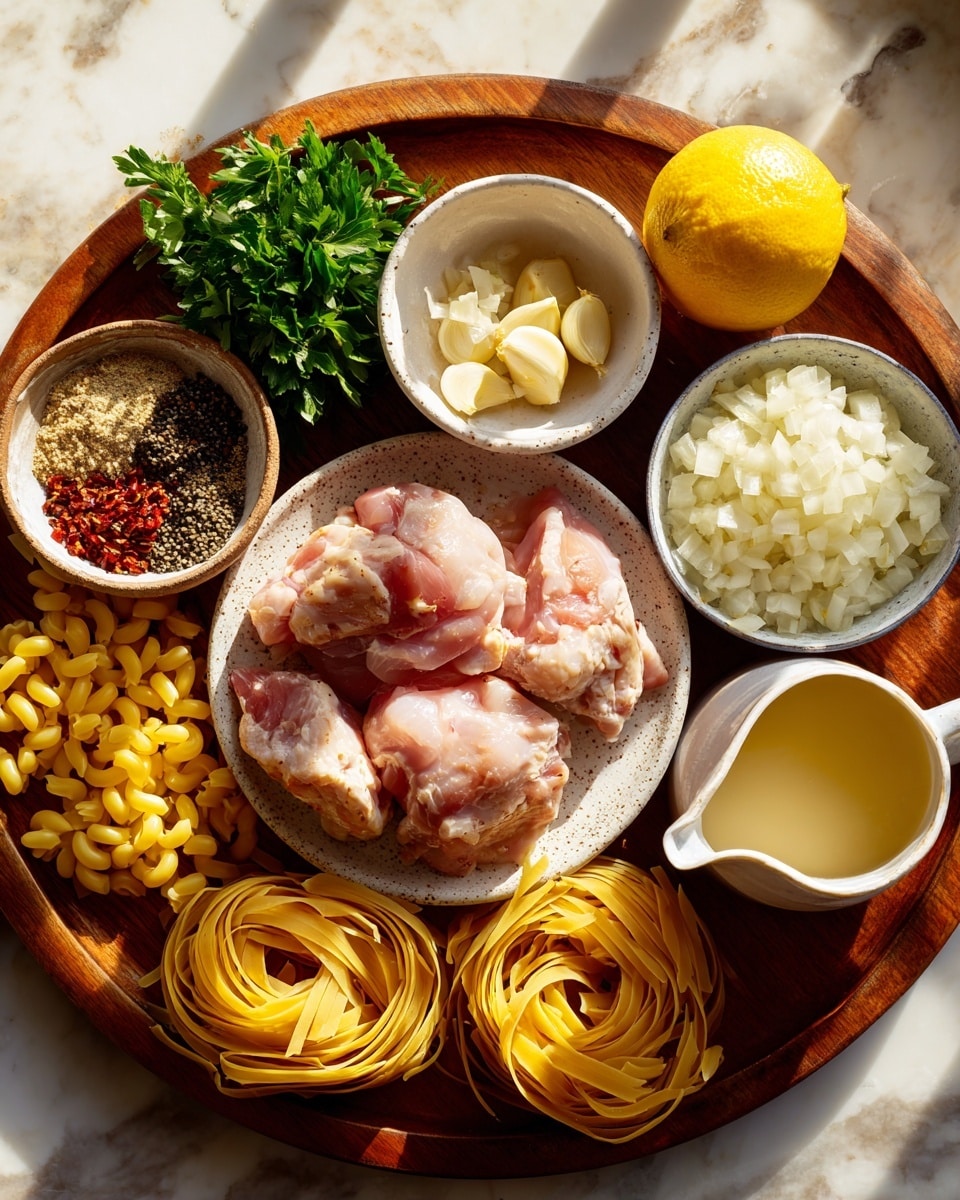 A wooden round platter is placed on a white marbled surface, holding several ingredients for a meal. On the platter, to the right, there is a white speckled plate with two raw pink chicken pieces. Next to the chicken, there is a small bowl filled with white chopped onions. Above the chicken, a small white bowl holds chopped pale yellow garlic. To the left of the garlic, a rustic bowl contains mixed spices with different colors: black, red, and white. Near the top left side of the platter, a white bowl with green parsley leaves adds a fresh touch. Below the parsley, a whole yellow lemon rests next to twisted butter-yellow pasta nests. At the bottom of the platter, a pitcher with light cream and a small glass cup with pale broth complete the set. The overall scene is bright with natural light showing rich textures and natural colors, photo taken with an iphone --ar 4:5 --v 7
