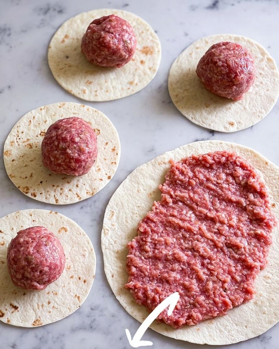 The image shows four white tortillas placed on a white marbled surface. On top of three tortillas, there are raw, round balls of pink ground meat. One nearby tortilla has pink ground meat spread out flat across the surface, showing a textured, uneven layer. There is a white arrow pointing from one ball of meat to the flattened meat on the tortilla, indicating the spreading action. Photo taken with an iphone --ar 4:5 --v 7