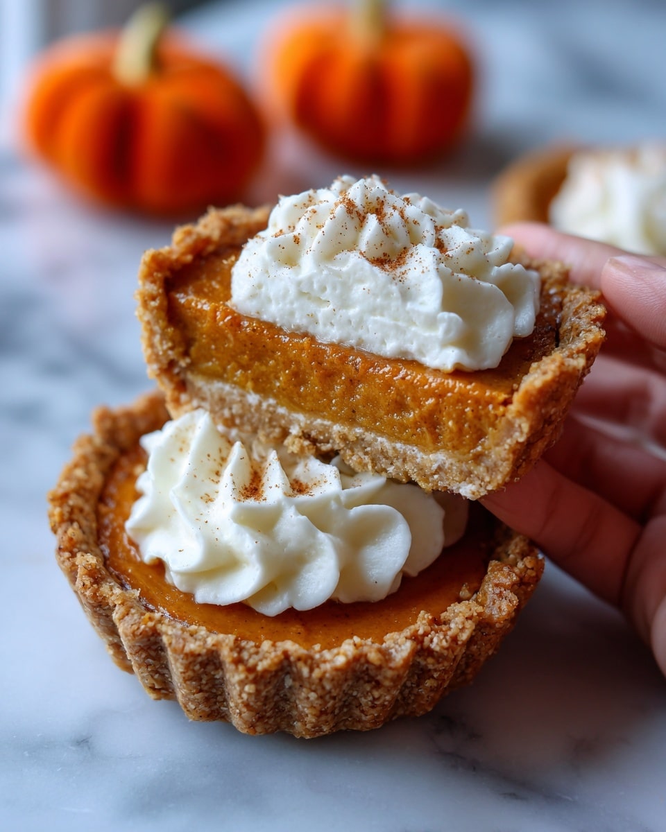 The image shows a close-up of two small tarts with three layers each. The bottom layer is a light brown, crumbly crust. The middle layer is a smooth, rich orange filling that looks soft and creamy. The top layer is a swirl of white whipped cream, with a light dusting of brown spice on top. One tart is whole with the whipped cream sitting flat on top, and the other tart is cut in half with the upper half held above the lower half by a woman's hand, showing the inside texture of the orange filling and crust. In the background, there are small orange felt pumpkins with a soft texture and a white marbled surface below. photo taken with an iphone --ar 4:5 --v 7