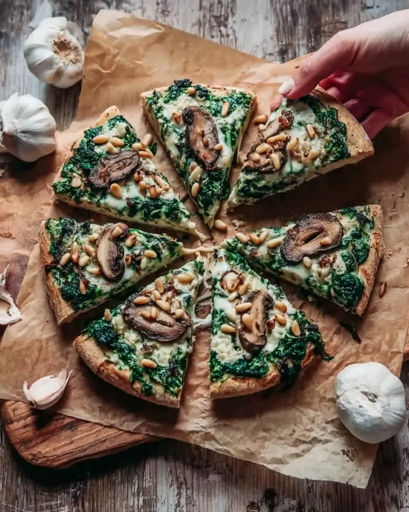 Spinach and Mushroom Pizza with Pine Nuts Recipe