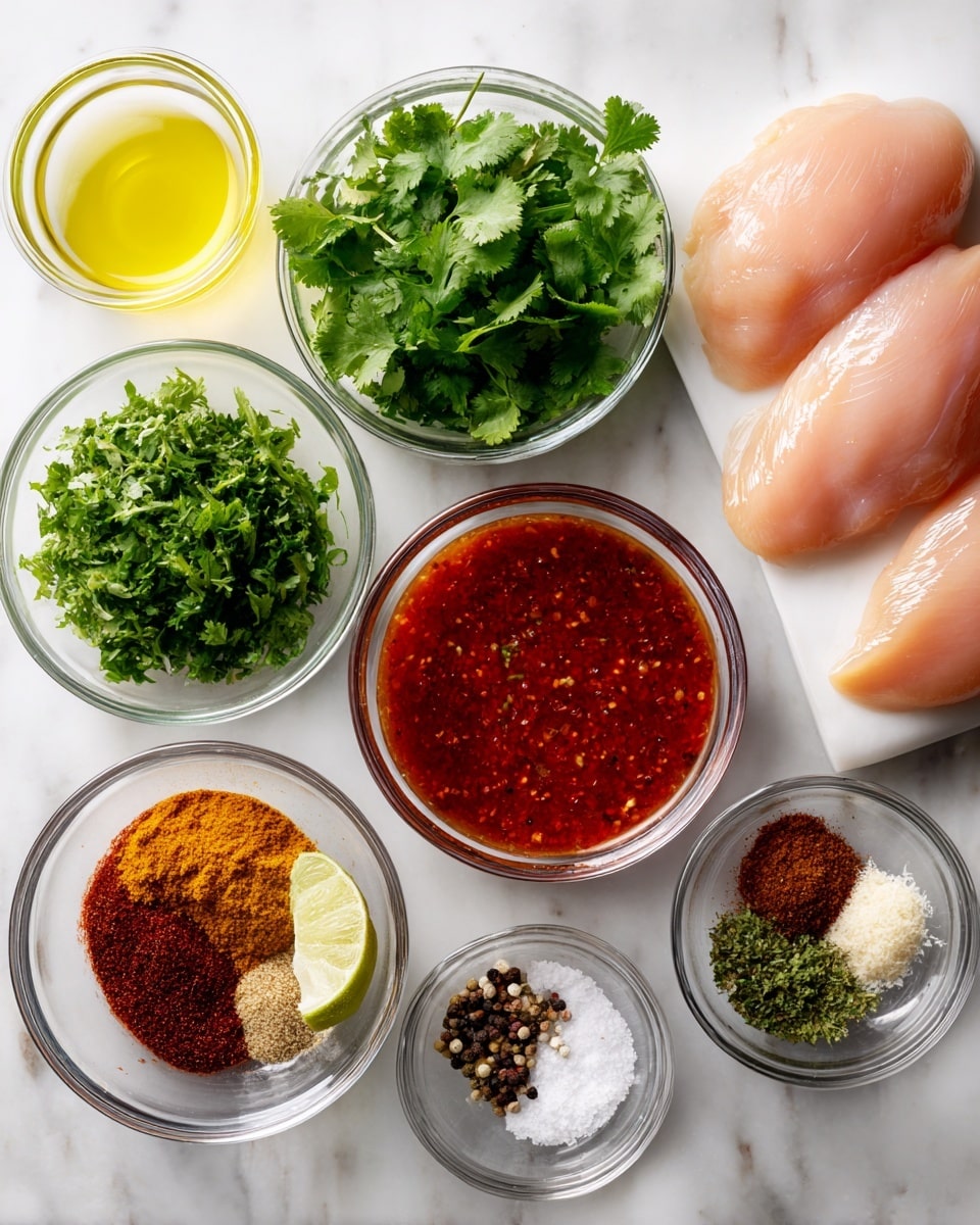 A top-down view of several small clear glass bowls arranged on a white marbled surface, each containing different ingredients: one bowl with bright green fresh cilantro leaves, another with a light yellow lime juice, a bowl with rich red tomato sauce, and smaller bowls holding brown cumin powder, dark red chili powder, white garlic salt, and a mix of salt and black pepper. A larger clear glass container holds two raw chicken breasts with a pale pink color, placed near the bottom right. Each ingredient is labeled in simple black text on white tags above or near the bowls, clearly identifying them. photo taken with an iphone --ar 4:5 --v 7
