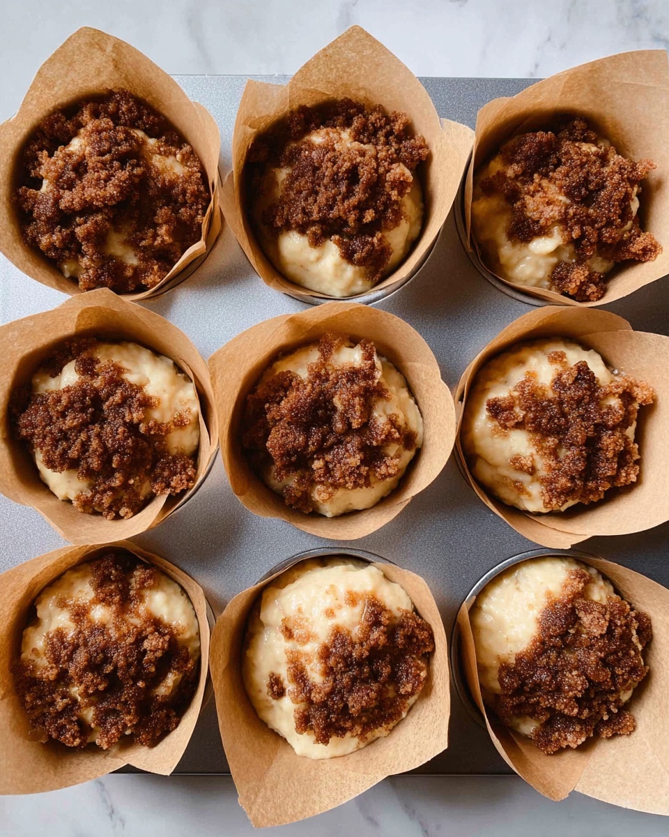 The image shows eight unbaked muffins in a metal tray, each wrapped in brown parchment paper. Each muffin has two visible layers: the bottom layer is pale beige batter with a smooth, thick texture, and the top layer is a crumbly, dark brown streusel topping scattered unevenly over the batter. The muffins are arranged in two rows of four, sitting on a white marbled surface. photo taken with an iphone --ar 4:5 --v 7