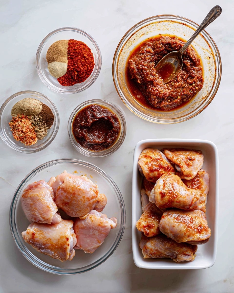 The image shows five steps of marinating chicken arranged in a collage on a white marbled surface. In the first step, various powdered spices and bright red paste are placed separately in a clear glass bowl. The second step shows the spices mixed into a reddish-brown paste with a spoon inside the clear bowl. The third step has raw chicken thighs and a dark brown paste side by side in a clear bowl. The fourth step shows the chicken coated evenly with the reddish marinade inside the clear bowl. In the fifth step, the marinated chicken thighs are neatly placed in a white rectangular dish, ready for cooking. photo taken with an iphone --ar 4:5 --v 7