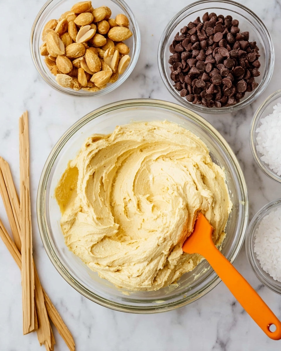 A clear glass bowl filled with a thick, pale yellow creamy mixture sits in the center, with an orange spatula resting inside it. Around this bowl are three smaller clear glass bowls: one at the top contains golden roasted peanuts, another at the top right holds dark brown chocolate chips, and the third at the right center has a small amount of white coconut oil. On the left side, a set of light wooden sticks is laid out. All items rest on a white marbled surface. photo taken with an iphone --ar 4:5 --v 7