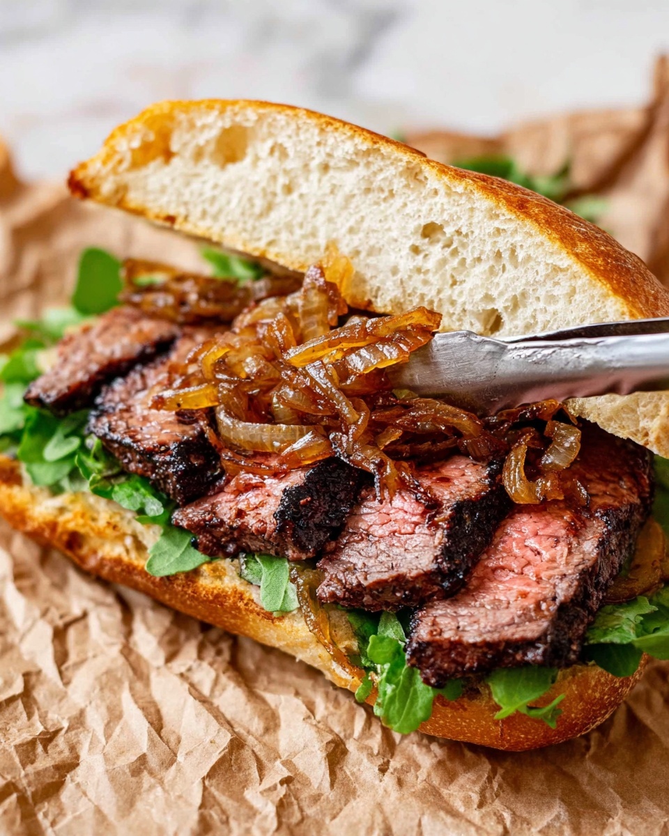 The image shows a sandwich with three visible layers on a white bread bun. The bottom layer has green leafy lettuce, followed by a thick layer of grilled steak slices with a slightly charred dark brown outside and a pink center. On top of the steak, there is a layer of golden-brown caramelized onions being added with metal tongs. The top piece of the bun, toasted light brown, is placed behind the sandwich. The sandwich is on crinkled brown paper on a white marbled surface. Photo taken with an iphone --ar 4:5 --v 7