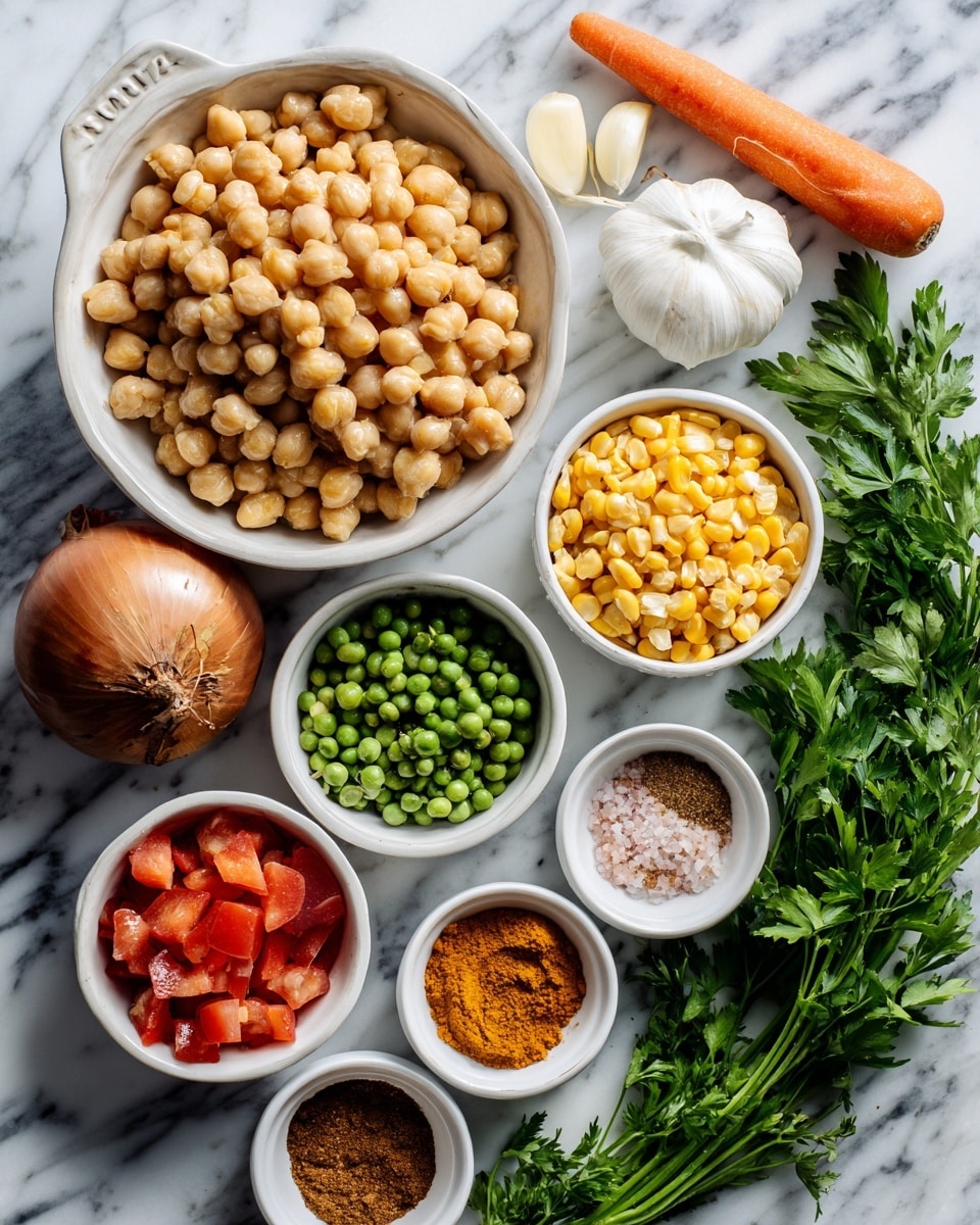 The image shows a collection of ingredients on a white marbled surface. There is a large white bowl filled with light beige chickpeas positioned on the left side. Above it are a whole onion with brown skin and a whole bright orange carrot, alongside three peeled white garlic cloves. To the right of the chickpeas, several small white bowls hold yellow corn kernels, ground brown spice, and green peas that look frozen. Below these is a small white bowl with a mixture of red diced pieces, and beside it a white bowl with five different spices arranged in separate piles—orange turmeric, pink salt, cinnamon brown, and two other brown spices. On the far right is a bunch of fresh green parsley. In the bottom center, a woman's hand holds the handle of the white bowl with red diced pieces. The photo taken with an iphone --ar 4:5 --v 7
