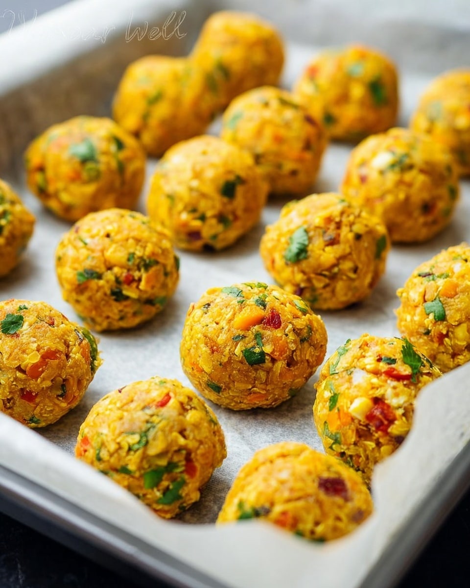 The image shows a tray lined with white parchment paper holding rows of round, yellow-orange balls. Each ball has a mixed texture with visible small pieces of green herbs, red and yellow vegetable bits, and some lighter chunks, giving the overall look a colorful and fresh appearance. The balls are evenly spaced on a metal baking tray, slightly raised, with the white marbled texture surface faintly visible at the corner near the tray. The scene has soft natural lighting emphasizing the vibrant colors and slightly rough texture of each ball. photo taken with an iphone --ar 4:5 --v 7