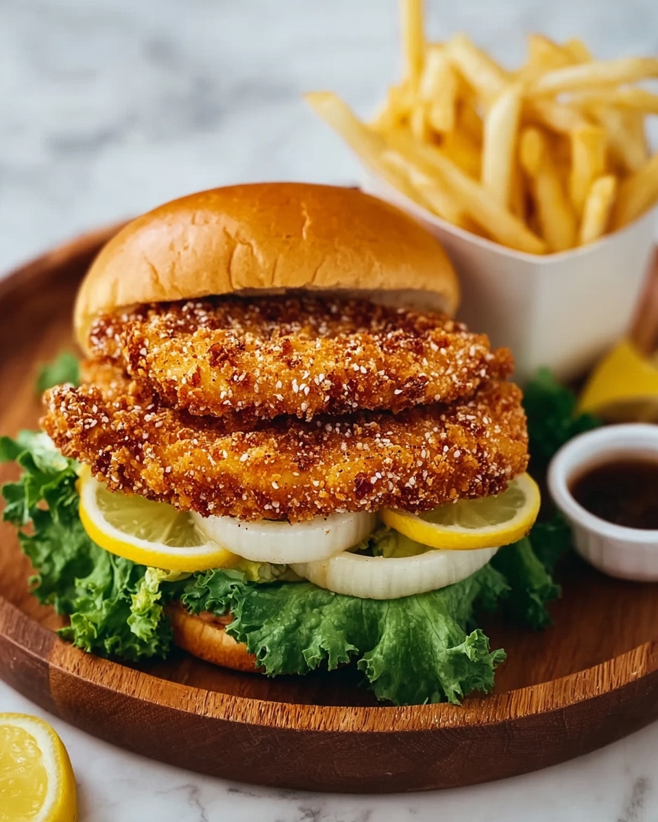 The image shows a sandwich with four layers neatly stacked on a brown wooden plate set on a white marbled surface. The bottom layer is leafy, bright green lettuce with ruffled edges. Above the lettuce are several thick, white onion rings that sit on a layer of yellow lemon slices. On top of this is a large, crispy, golden-brown fried piece with a textured, crunchy coating speckled with white sesame seeds, showing some grill lines. The sandwich is finished with a soft, slightly toasted light brown bun with a smooth top. To the side, there is a small white container of golden French fries and lemon wedges, all placed on the white marbled surface, with a dark sauce in a small white bowl nearby. photo taken with an iphone --ar 4:5 --v 7