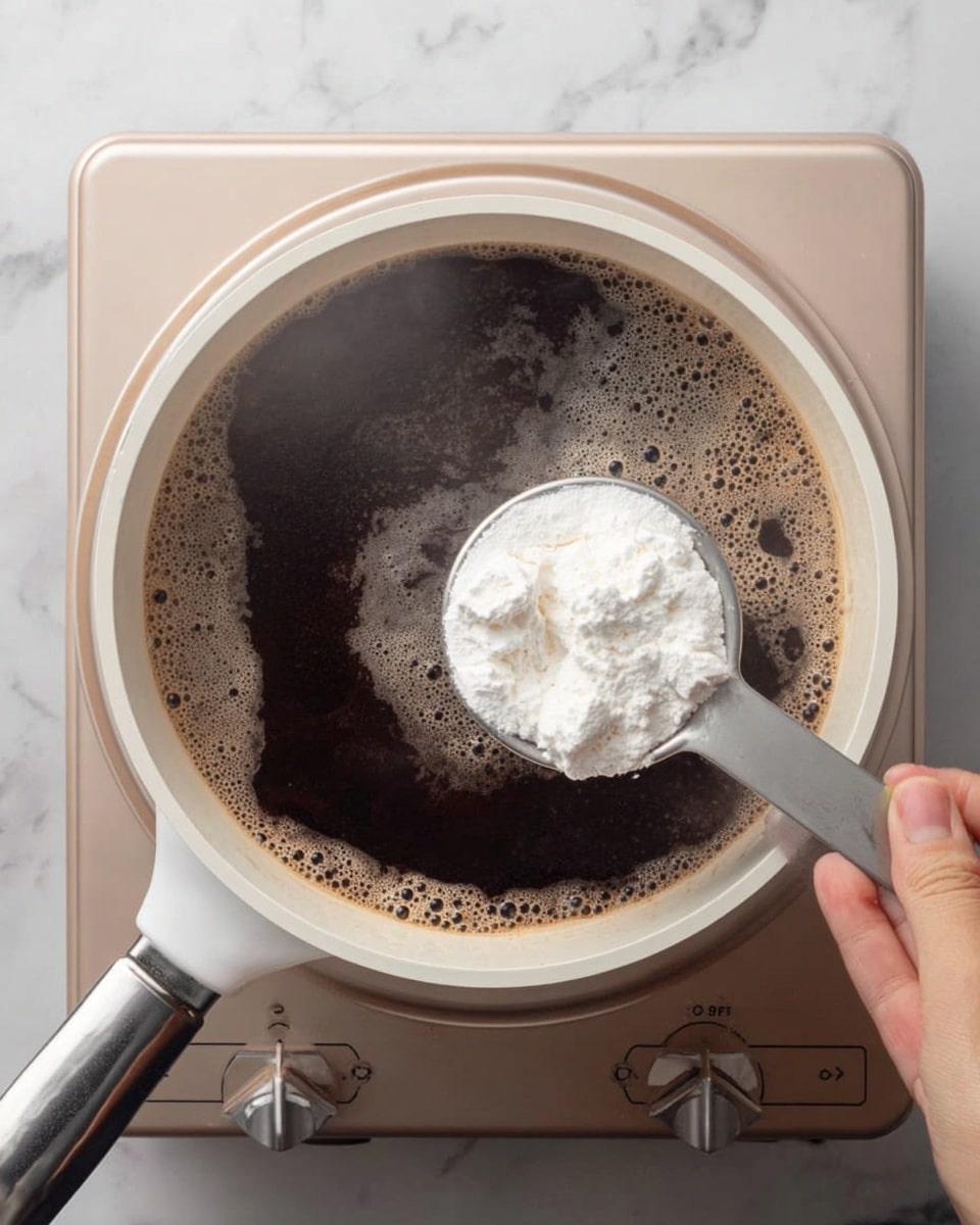 A white pan with dark brown liquid fills most of it with bubbles on the right side, a spoonful of white powder with some clumps is being added from above by a woman's hand holding a metal measuring scoop, the pan sits on a metallic stove top, all placed on a white marbled surface, steam faintly rises from the pan photo taken with an iphone --ar 4:5 --v 7