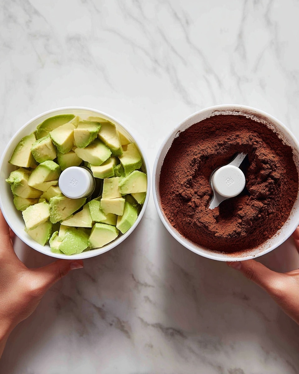 The image shows two round white bowls placed side by side on a white marbled surface. The left bowl contains unevenly sized chunks of pale green avocado with creamy texture layered inside. The right bowl has the same avocado pieces mostly covered with a thick layer of dark brown cocoa powder, creating a powdery texture on top. Both bowls have a central white plastic blade visible, indicating they are part of a food container. Woman’s hands are not visible directly, but the bowls are ready for mixing or blending. Photo taken with an iphone --ar 4:5 --v 7