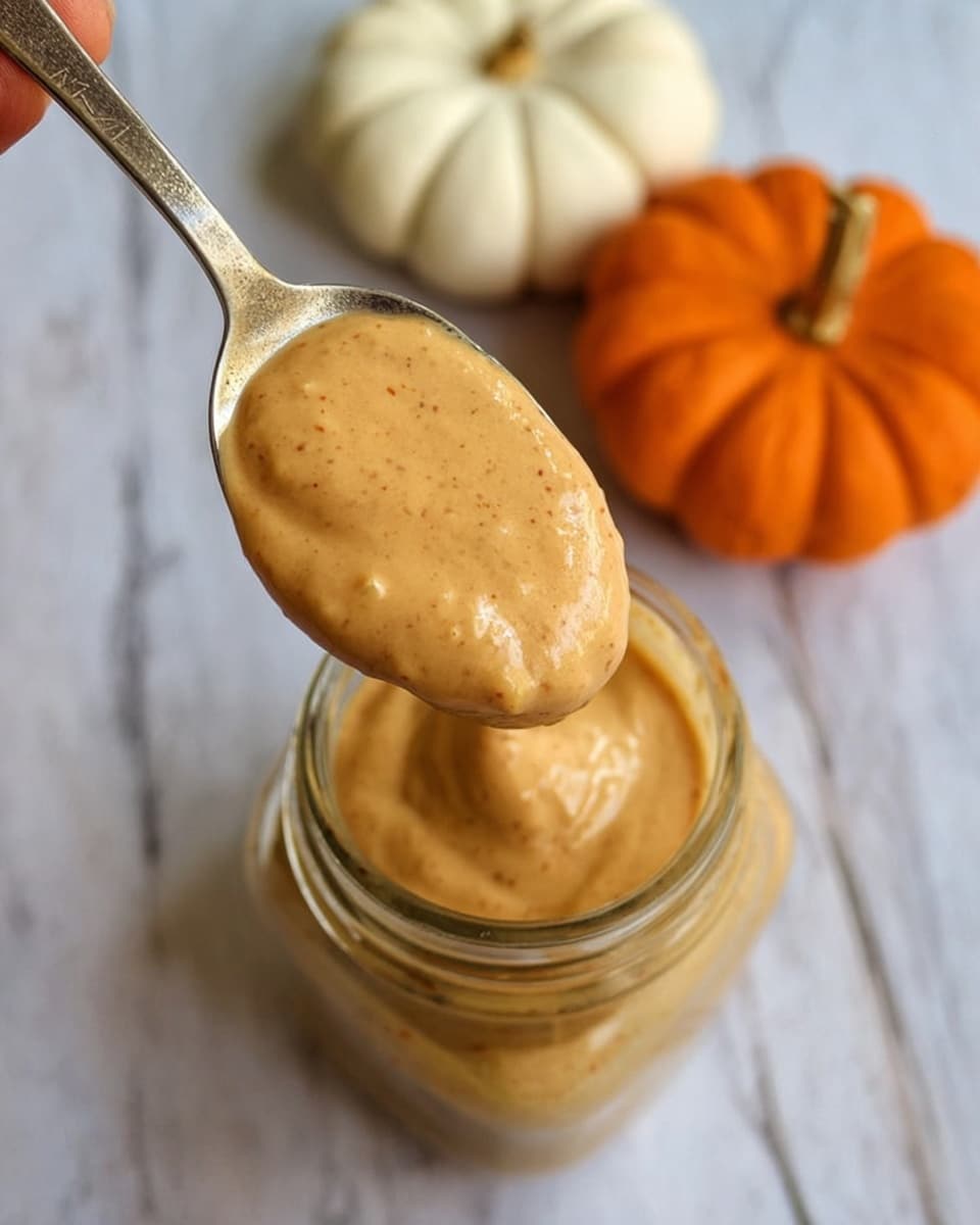 The image shows a close-up of a silver spoon held by a woman's hand, filled with thick, smooth, light brown creamy sauce with visible small specks. The spoon is held above a small square glass jar that is filled with the same creamy sauce. In the background, there are two small pumpkins, one white and one orange, placed on a white marbled surface. Photo taken with an iphone --ar 4:5 --v 7