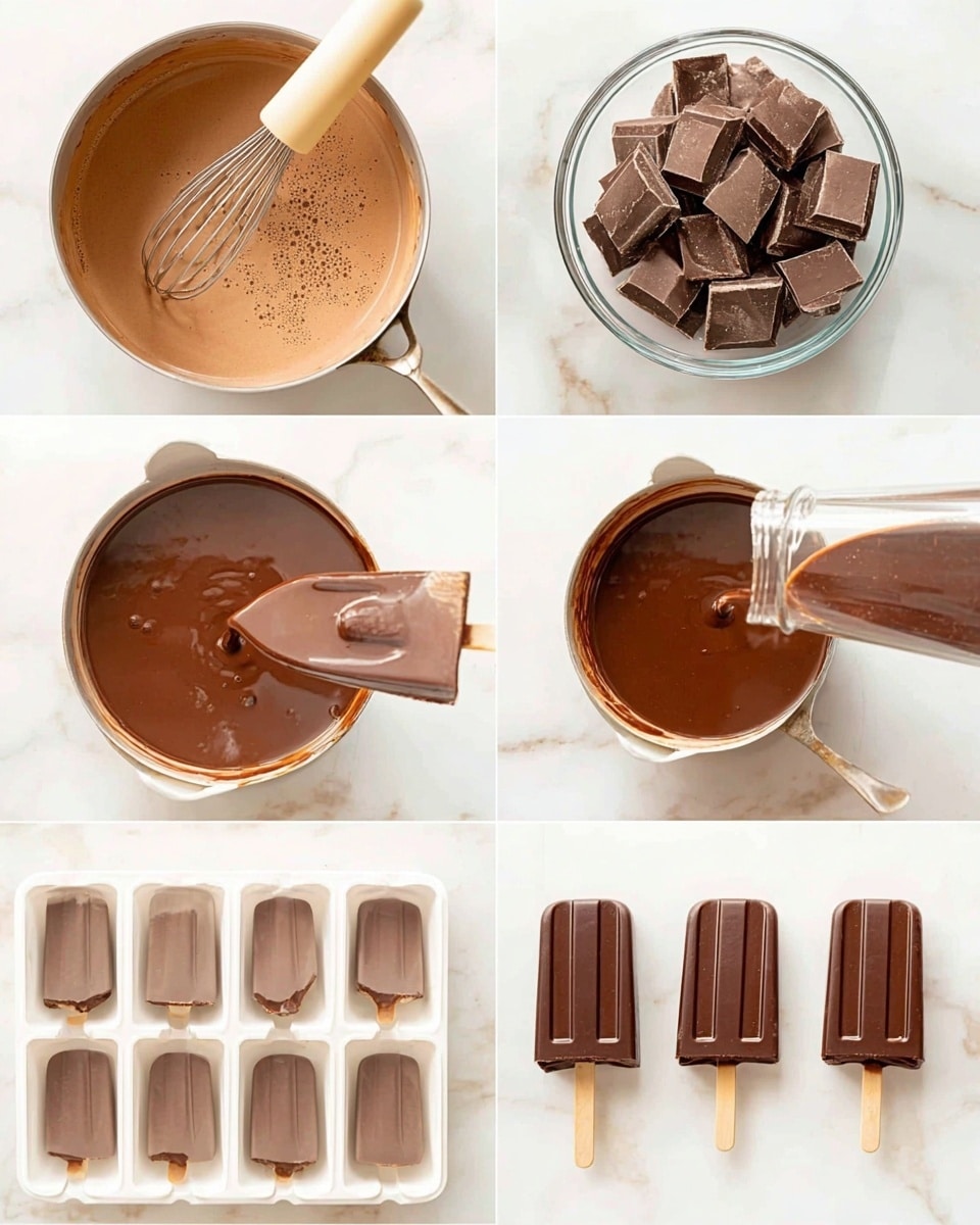 The image shows six steps of making chocolate popsicles on a white marbled surface. The first step has a pot with a smooth, light brown mixture being stirred by a whisk with a beige handle. The second step shows a clear glass bowl filled with many square chunks of dark chocolate. The third step features the pot again with the mixture now darker, bubbling on top, with the whisk partially submerged. The fourth step shows a clear glass container pouring dark, glossy chocolate liquid into white silicone molds. The fifth step displays three white molds filled with smooth dark chocolate liquid, each with a wooden stick inserted on one side. The sixth step presents three finished chocolate popsicles with a dark shiny chocolate coating on wooden sticks laid side by side on the white marbled surface, photo taken with an iphone --ar 4:5 --v 7
