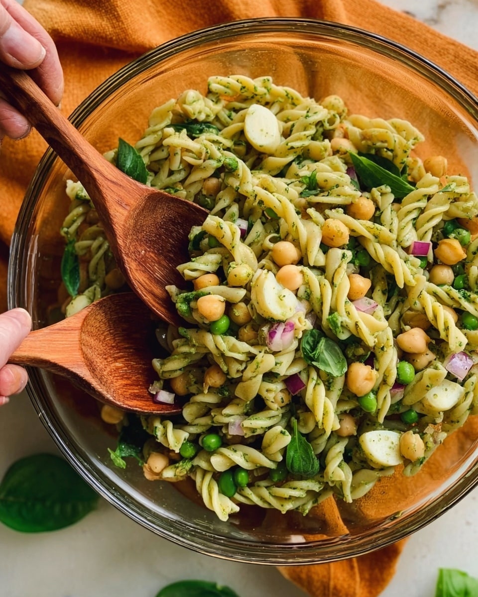 A clear glass bowl filled with short, twisted pasta that is light green in color, mixed thoroughly with fresh green basil leaves, chickpeas, chopped red onion pieces, peas, and small chunks of white cheese. Two wooden spoons are lifting the pasta mixture, held by a woman's hand visible at the top edges. The bowl rests on a soft orange cloth, with some fresh basil leaves and a white marbled surface in the background. photo taken with an iphone --ar 4:5 --v 7