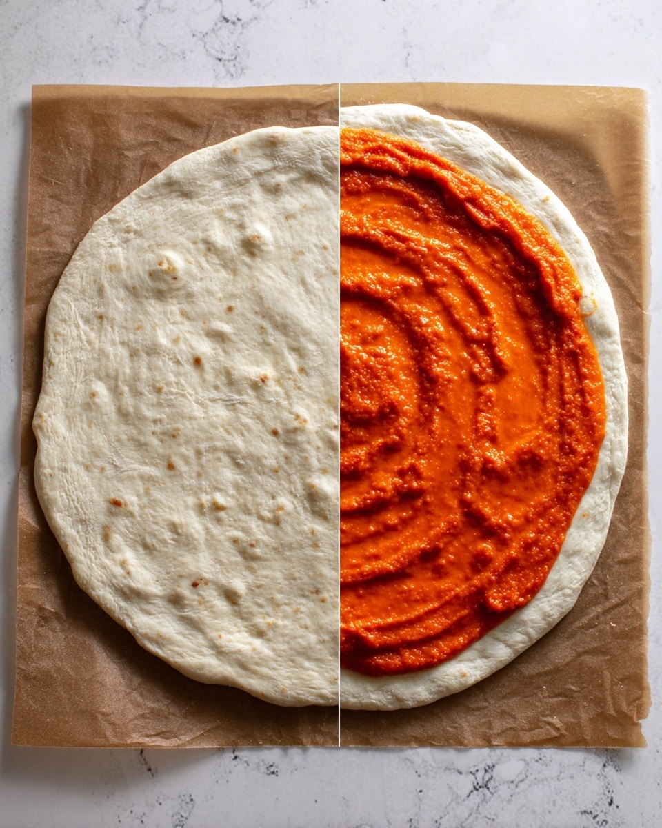 The image shows two side-by-side views of a pizza base on a sheet of brown parchment paper on a white marbled surface. The left side displays a round, flat, pale dough with small dimples and slight uneven texture, forming the pizza crust. On the right side, the same dough is covered with a smooth, bright red-orange tomato sauce spread evenly in a circular pattern, leaving a small border of crust visible. The sauce has a slightly thick texture with sweeping lines showing where it was spread. Photo taken with an iphone --ar 4:5 --v 7