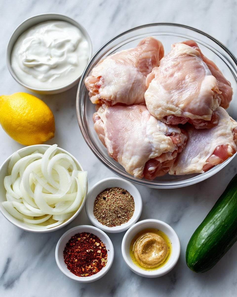 The image shows raw chicken thighs placed in a clear glass bowl on a white marbled surface, surrounded by separate small white bowls containing different ingredients. One bowl holds smooth white Greek yogurt, another has sliced white onion pieces, and two smaller bowls contain seasoning mixes with red, brown, black, and white specks, as well as a yellowish garlic paste. A whole yellow lemon and a dark green cucumber lay beside the bowls. The arrangement is neat, with all elements evenly spaced, and the colors contrast nicely against the white marbled background. Photo taken with an iphone --ar 4:5 --v 7
