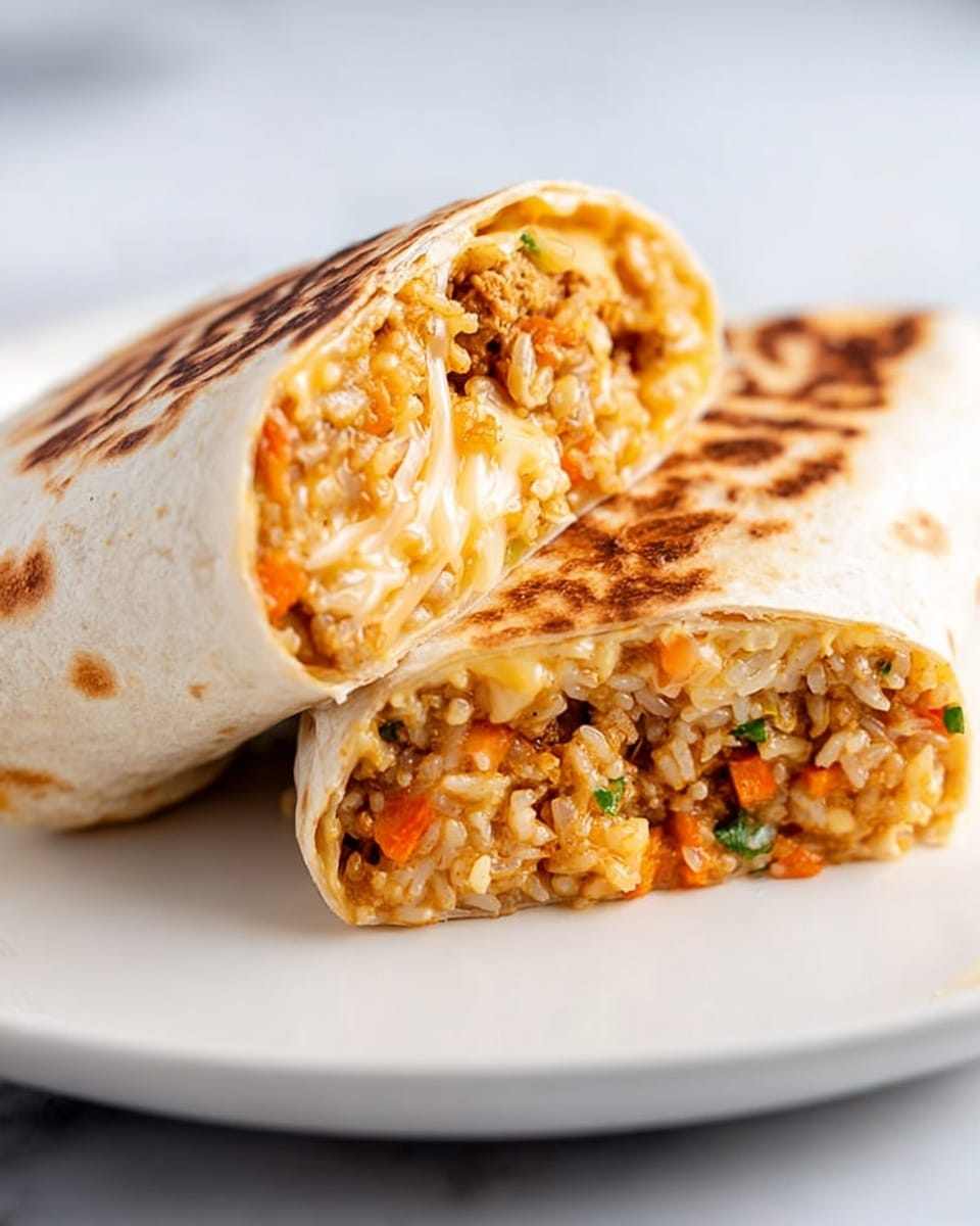 The image shows a white plate on a white marbled surface holding a burrito cut in half. The burrito has one visible tortilla layer that is light brown with toasted spots on the outside. Inside, there are two main layers: the bottom layer consists of cooked rice mixed with small pieces of orange carrots and bits of green herbs, and the top layer is melted shredded cheese that stretches between the two halves. The burrito looks warm and soft, with the filling tightly packed inside the tortilla. Photo taken with an iphone --ar 4:5 --v 7