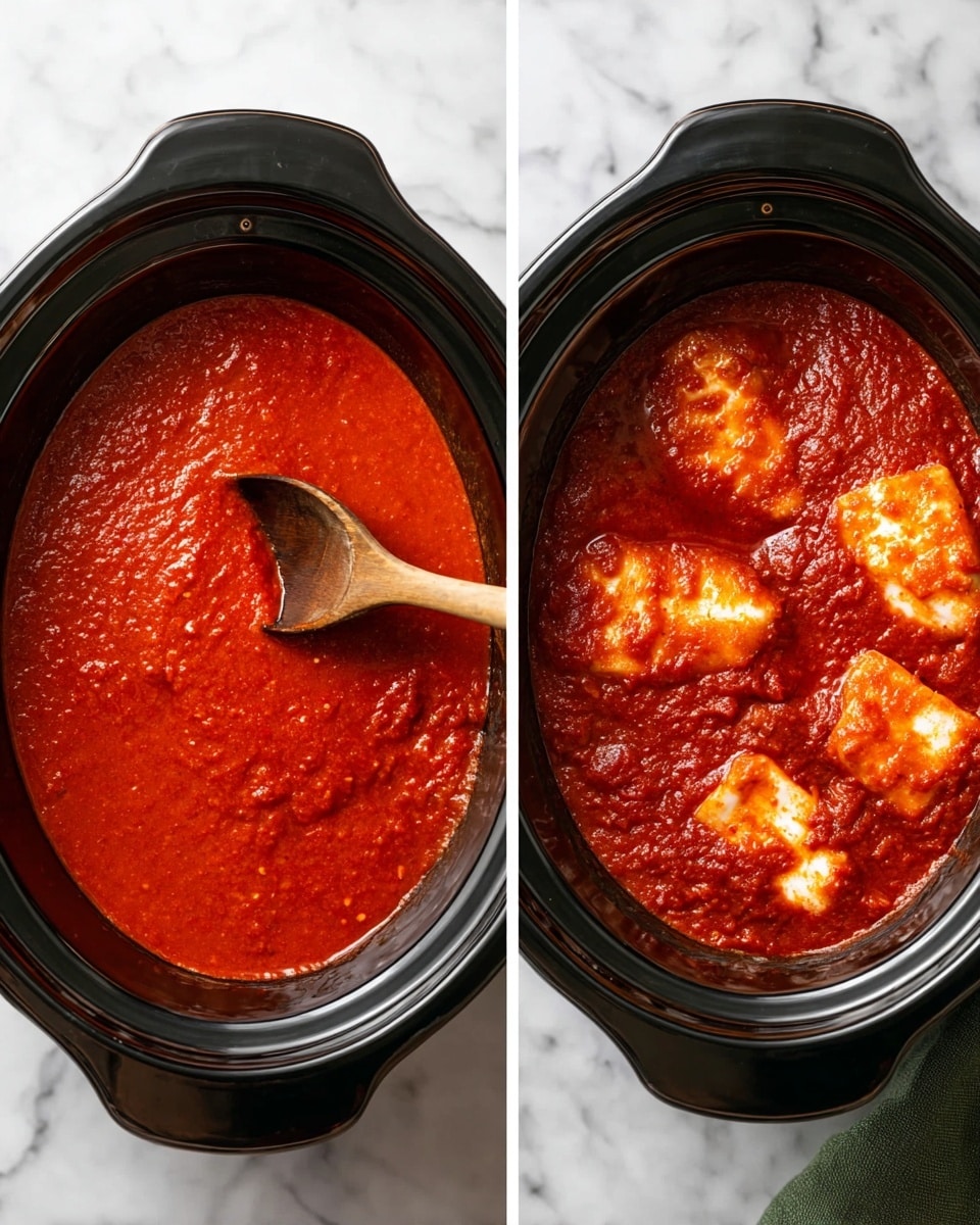 The image shows two black oval slow cookers on a white marbled surface. The first slow cooker is filled with a smooth, thick, bright red tomato sauce with a wooden spoon resting in it. The sauce has a even texture and covers the entire bottom of the cooker. The second slow cooker contains the same red tomato sauce but with four pieces of white fish placed evenly, partially submerged in the sauce. The sauce in this cooker looks slightly thinner, with small bubbles on the surface, and the fish pieces add contrast with their pale, solid color. A green oven mitt is placed partly visible to the lower right of the second slow cooker. photo taken with an iphone --ar 4:5 --v 7