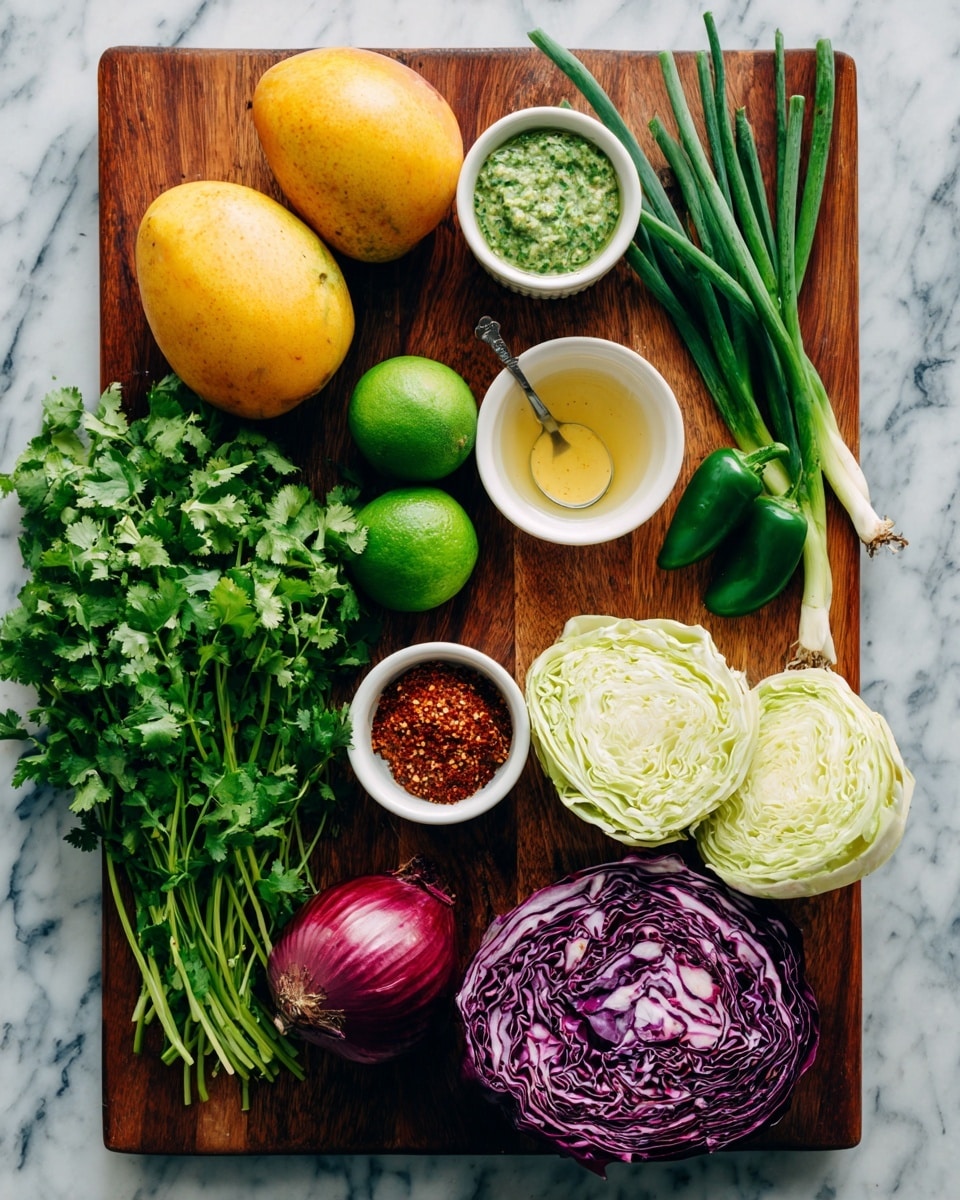 On a dark wooden cutting board placed on a white marbled surface, there are several fresh ingredients arranged neatly. Two whole yellow mangos with smooth skin sit near a bunch of fresh green cilantro with leafy stems. Two bright green limes are positioned next to the cilantro. A halved red onion with a smooth, shiny texture rests near several long green onions with white bulbs. Near the corner, there is a small white bowl filled with pale yellow avocado oil and another white bowl containing a reddish-brown spice mix. A small glass jar of light green cilantro dressing and a white bowl with reddish brown chipotle aioli, with a spoon inside, are alongside two green jalapeno peppers. To the right of the board, two halves of cabbage, one light green and one purple, lean side by side. On the far left, a plastic package holds white fish fillets. Photo taken with an iphone --ar 4:5 --v 7