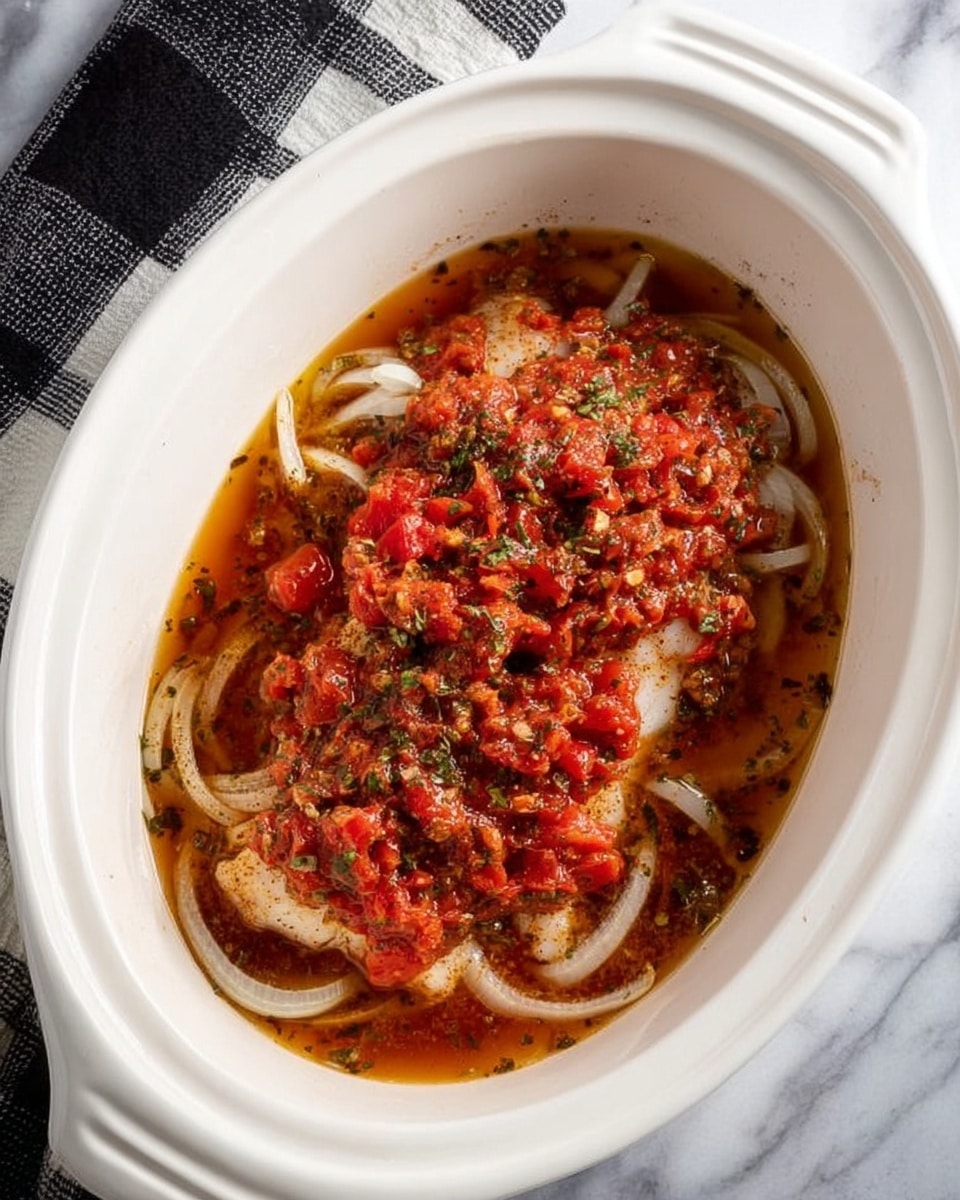 A white oval bowl contains a layered mixture starting with sliced white onions evenly spread across the bottom. On top of the onions lies a pale pink piece of fish or meat, covered fully by a chunky red mixture of tomatoes with bits of herbs and spices visible. The dish sits on a white marbled surface with a black and white checkered cloth peeking in from the lower left corner. The liquid at the bottom is slightly brown and thin, showing some oil and seasoning. Photo taken with an iphone --ar 4:5 --v 7