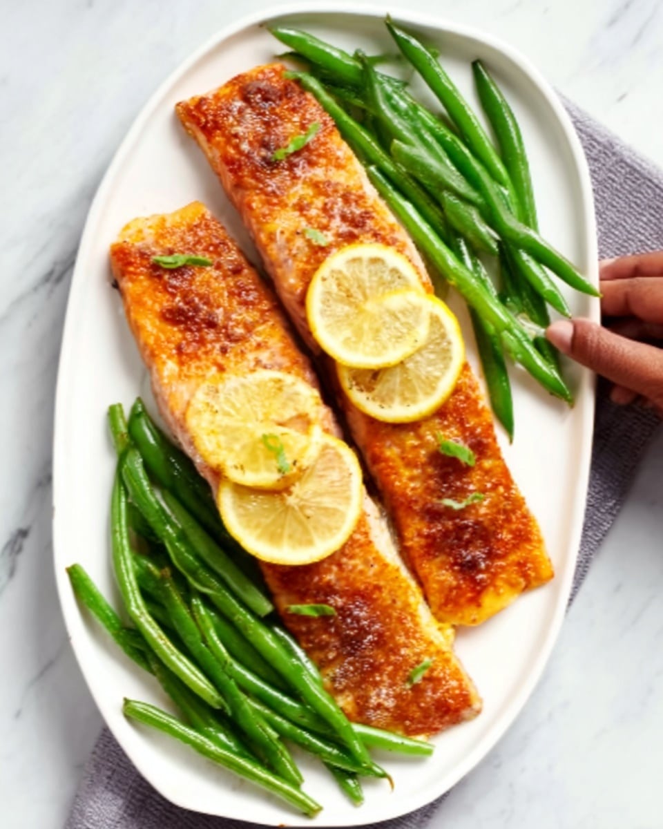The image shows two salmon fillets with a golden-brown cooked surface, placed side by side on a long white plate. Each fillet is topped with small lemon slices, bright yellow in color, that add contrast. Around the salmon, there are fresh green beans with a smooth texture, arranged neatly on both sides of the fillets. The plate sits on a white marbled surface, giving a clean and elegant background. A woman's hand is reaching towards the green beans on the right side of the plate. Photo taken with an iphone --ar 4:5 --v 7
