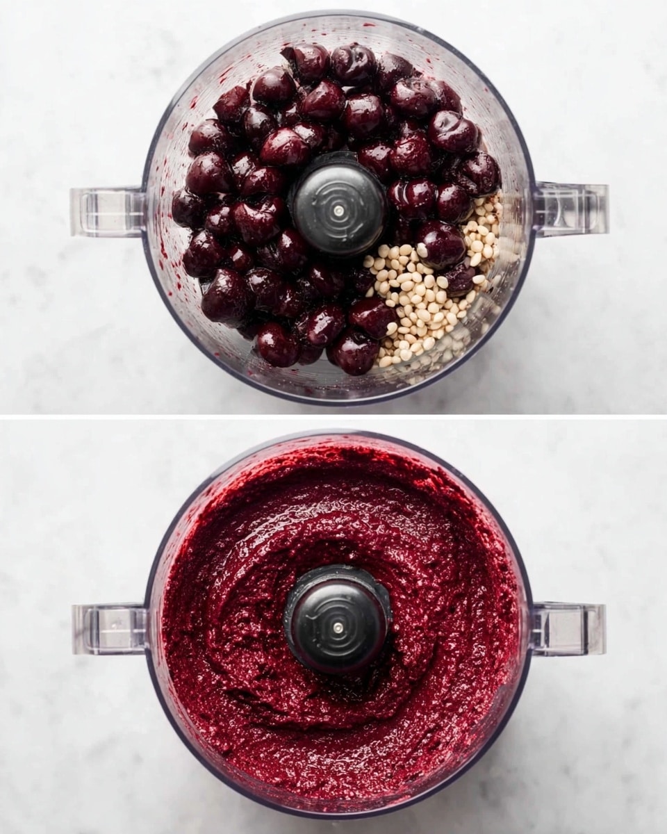 The image shows a clear food processor on a white marbled surface with two views side by side. On the left side, the bowl of the food processor is filled with whole dark purple cherries with a few light beige seeds visible beneath. On the right side, the cherries are blended into a thick, smooth deep red-purple paste that spreads evenly around the blades. The food processor's center and base are black, contrasting with the smooth texture of the fruit inside. Photo taken with an iphone --ar 4:5 --v 7