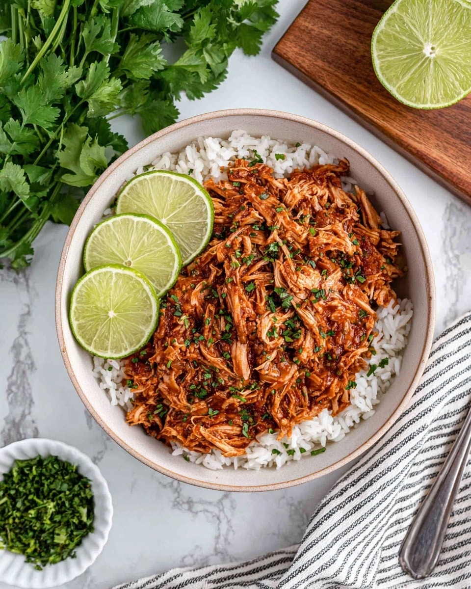 A white bowl filled with a base layer of white rice, topped with a thick layer of shredded meat in a reddish sauce, garnished with chopped green herbs scattered across the meat. Three slices of bright green lime rest on one side of the bowl. The bowl sits on a white marbled surface with fresh green leafy herbs above and a wooden board with a lime half to the right. In the lower corner, there is a small white bowl with chopped green herbs and a lime half, plus a striped white and gray cloth with a silver fork next to the main bowl. Photo taken with an iphone --ar 4:5 --v 7