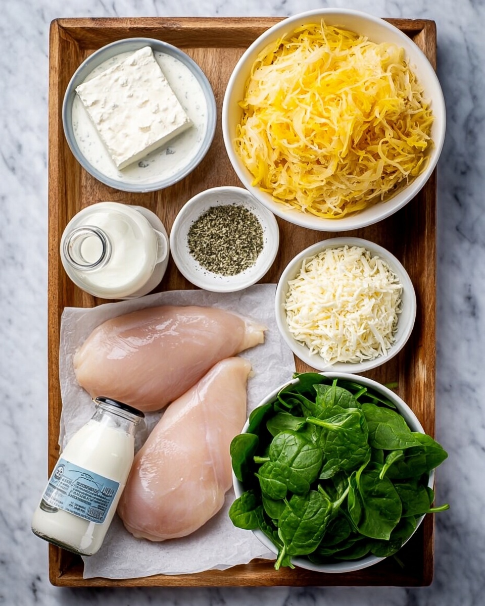 The image shows an overhead view of a wooden tray on a white marbled surface filled with ingredients. At the top right, there is a large white bowl with yellow shredded squash. To the left, a white bowl contains white creamy yogurt next to a block of soft white cheese and a small bottle of reduced fat milk lying on its side. Below the milk, two raw chicken breasts rest on a piece of parchment paper. Next to them is a small white bowl with grated parmesan cheese, another white bowl with shredded mozzarella, and a third small white bowl containing ground pepper and herbs. At the bottom right is a white bowl filled with fresh green spinach leaves. Photo taken with an iphone --ar 4:5 --v 7