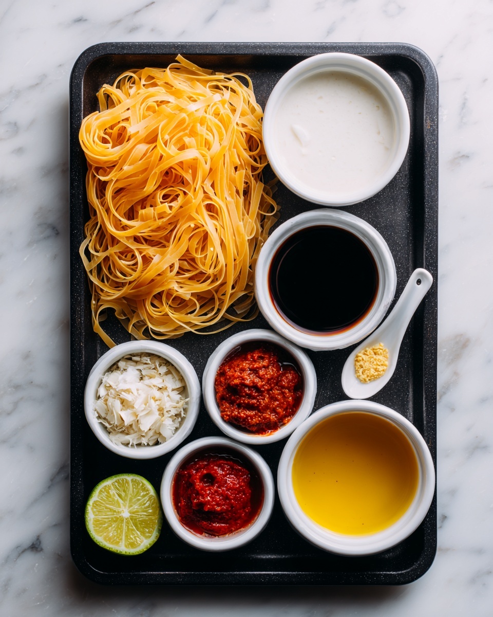 A black baking tray on a white marbled surface holds a bright orange package of Pad Thai rice noodles on the left side. Around it are small white bowls filled with various ingredients: a bowl of white coconut milk at the top center, a bowl with red curry paste below it, a small white bowl with bright red tomato paste at the top right, a small white cup with dark soy sauce next to it, and a small white bowl with golden honey below. A small bowl of minced garlic and ginger is near the center, and a small white bowl of yellow olive oil is on the bottom left. Half a yellow-green lime sits near the bottom center just above the tray edge. A pinch of salt rests on a small white spoon near the top right corner of the tray. The photo is taken with an iphone --ar 4:5 --v 7
