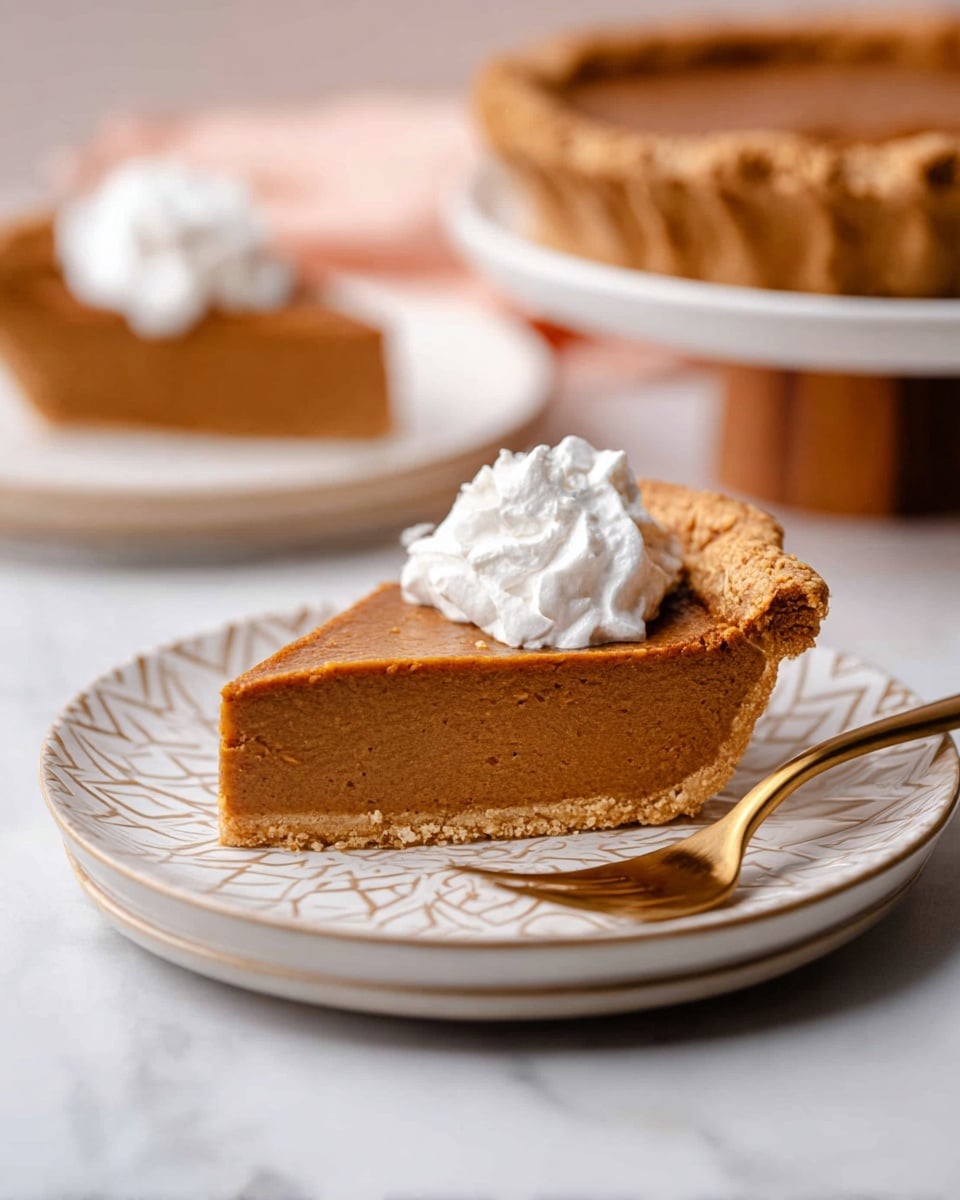 The image shows a slice of light brown pumpkin pie with a firm, smooth texture, and a thick crust at the bottom and edges that is golden and slightly crumbly. On top of the pie slice is a dollop of white whipped cream with soft peaks. The slice is placed near the center of a white plate with a subtle geometric pattern, and a small gold fork lies to the right of the slice. In the background, there is another slice of pumpkin pie on a white plate and a larger pie on a white plate on a wooden stand, all set on a white marbled surface. Photo taken with an iphone --ar 4:5 --v 7