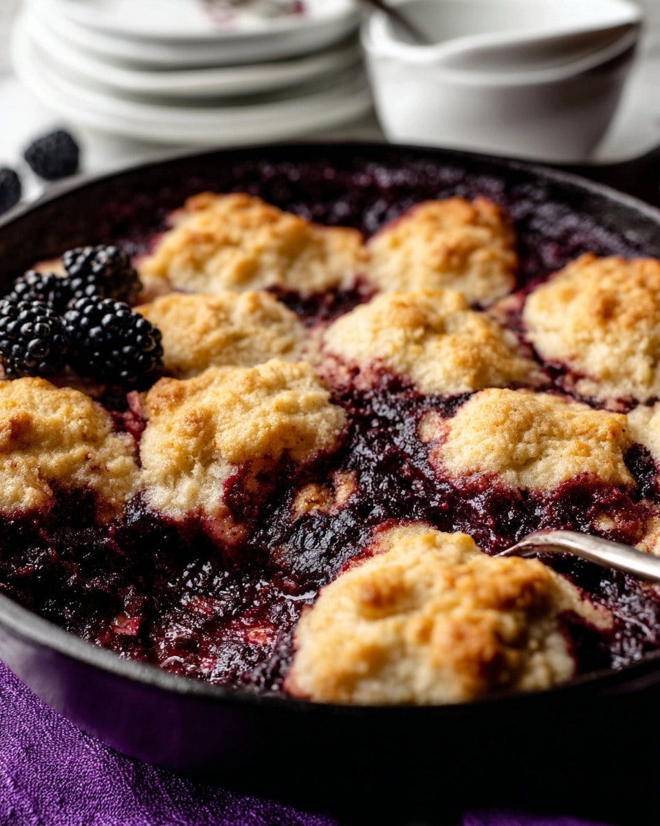 A white bowl with a mixed berry cobbler dessert, showing three visible layers: a thick, dark purple berry filling at the bottom, a soft, golden-brown cake layer on top of the berries, and a scoop of creamy, off-white vanilla ice cream sitting on the cake. A spoon with some dessert on it is placed inside the bowl, next to a large blackberry resting on the edge. The bowl sits on a white marbled surface, and three fresh blackberries are placed around it. In the background, a white bowl of more cobbler dessert is partially visible with a deep purple cloth draped behind it. photo taken with an iphone --ar 4:5 --v 7
