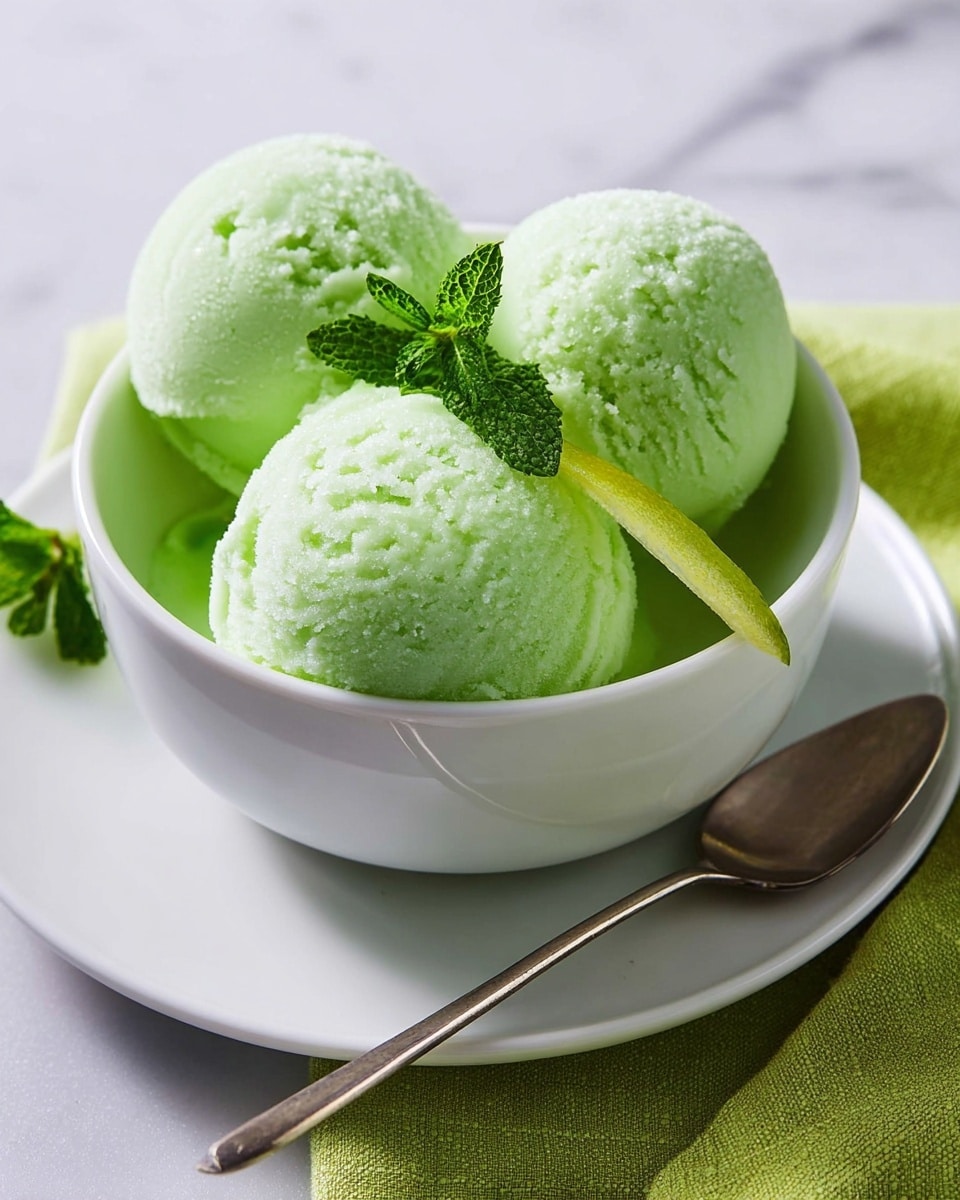 The image shows a single scoop of light mint green sorbet with a smooth and slightly icy texture, placed in a shiny silver bowl at the center. The bowl rests on a plain white plate, and on the right side of the plate, there are two thin slices of lime arranged side by side. A fresh green mint sprig is placed on top of the sorbet, adding a bright contrast. The background has a white marbled surface that gives a clean and fresh look. photo taken with an iphone --ar 4:5 --v 7