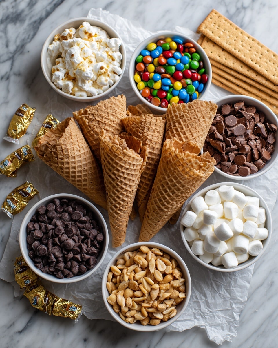 The image shows a flat white marbled surface with waffle cones placed in the center on a piece of crumpled parchment paper. Around the cones, there are six small white bowls arranged in a circle, each filled with different ingredients: bright colorful M&Ms, rich chocolate chips, smooth peanut butter, chocolate peanut butter cups, white mini marshmallows, and small round Rolos. Near the bottom center, there is another small white bowl filled with roasted peanuts, and positioned behind the bowls in the background are several stacked graham cracker pieces. A few Rolos and wrapped gold candies are scattered near the bowls to add interest. photo taken with an iphone --ar 4:5 --v 7