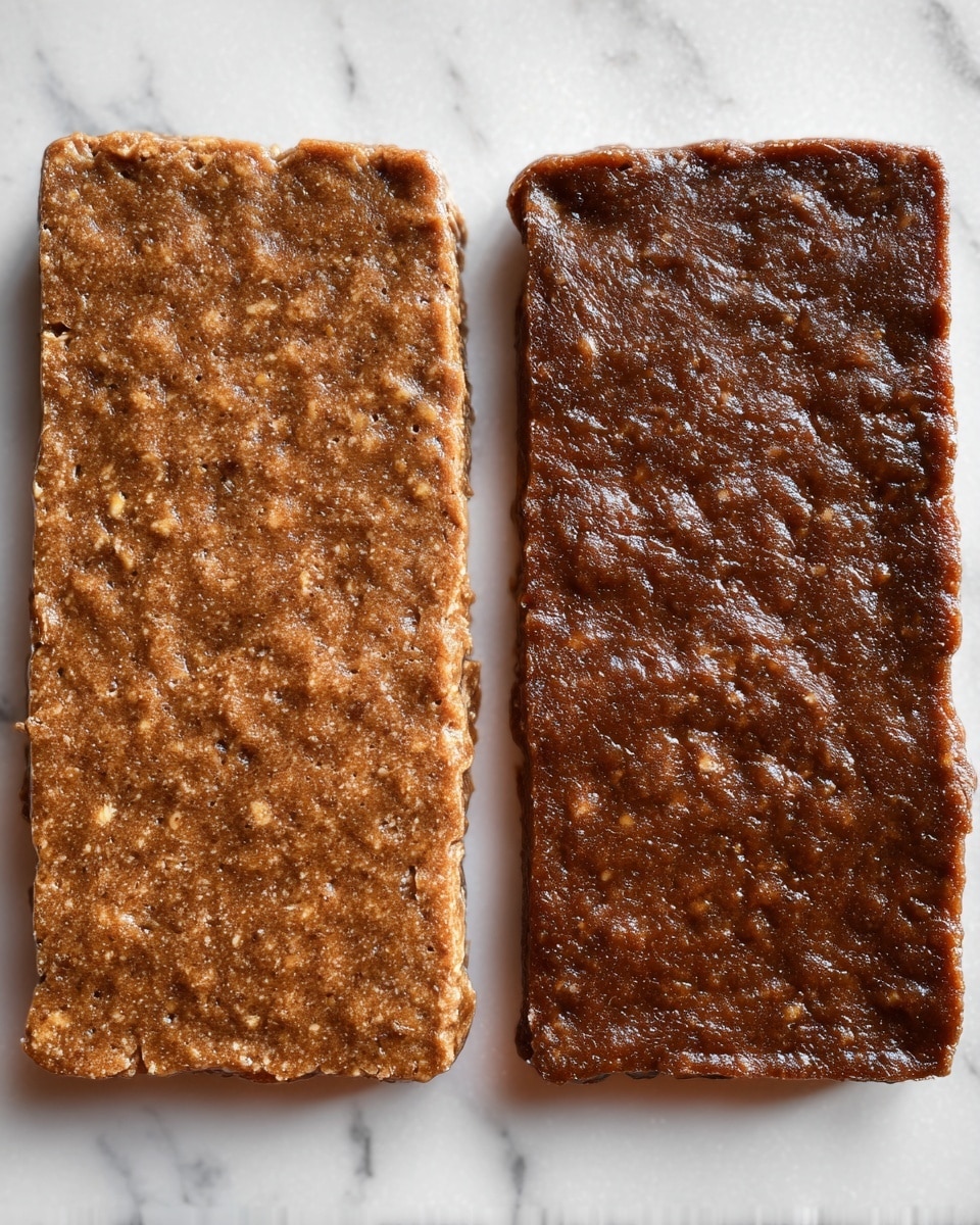 The image shows two rectangular pieces of dough or mixture placed side by side on a white marbled surface. The left piece is lighter brown with a rough texture and small uneven bumps all over, giving a slightly grainy appearance. The right piece is darker brown, smoother, and glossier with fewer texture details, looking more compact and dense. Both pieces have irregular edges and are about the same size, covering similar space on the surface. photo taken with an iphone --ar 4:5 --v 7