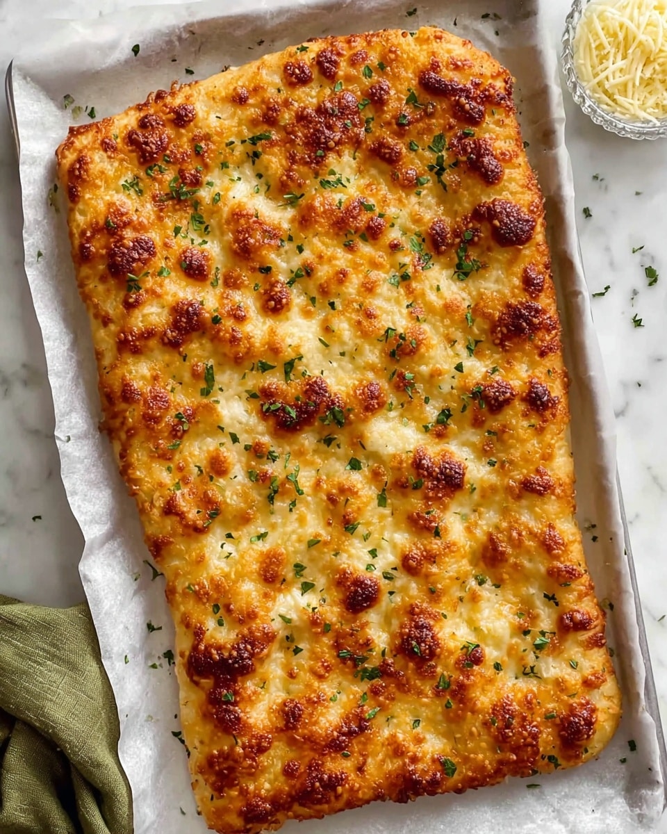 A rectangular, golden brown cheesy flatbread sits on white parchment paper in a baking tray, showing a bubbly, slightly crispy top layer covered with melted cheese that has dark golden spots. Small green herbs are sprinkled across the surface, adding specks of color and texture to the cheese layer. The background has a white marbled texture with a small glass bowl of shredded cheese in the corner and a green cloth partially visible next to the tray. photo taken with an iphone --ar 4:5 --v 7