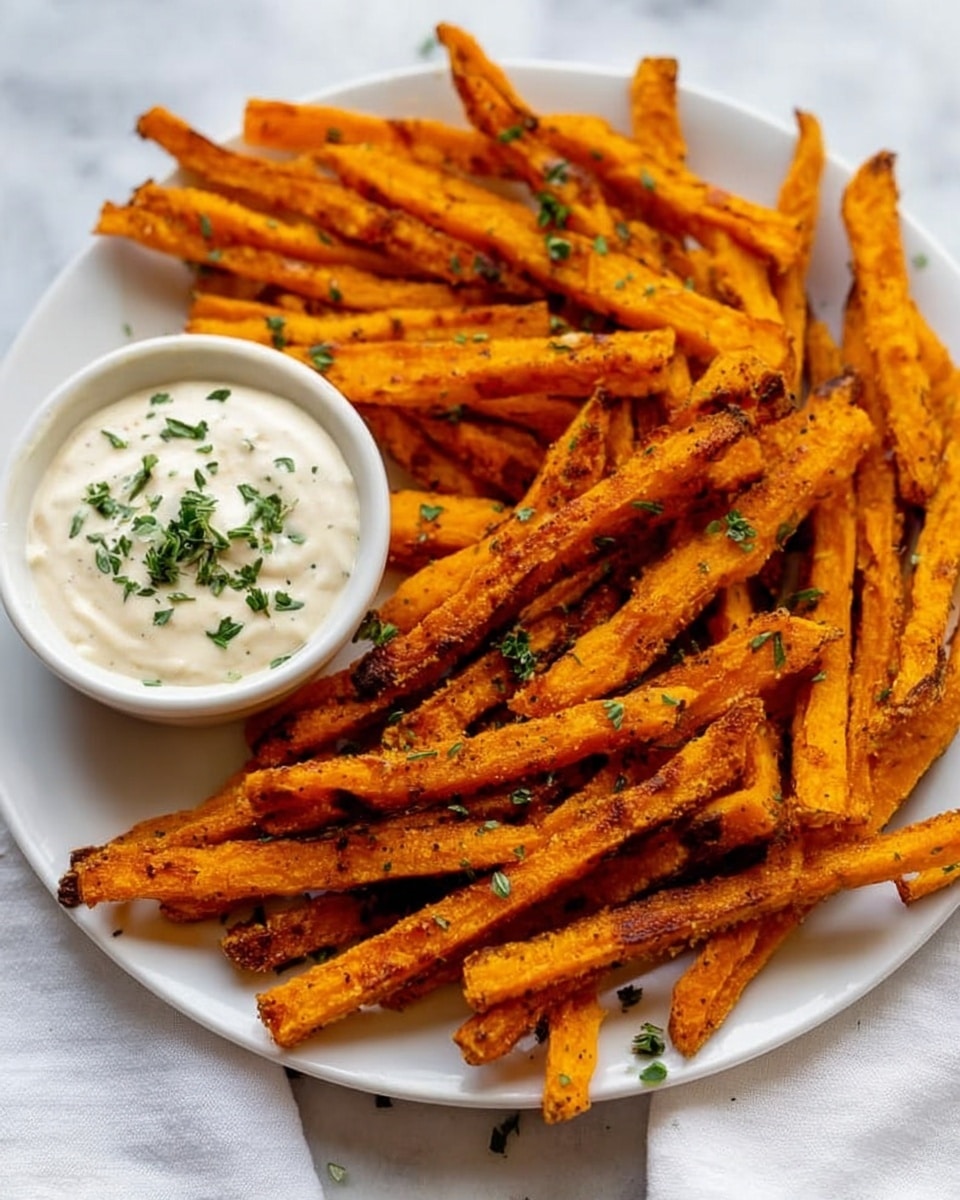 The image shows a white plate full of golden-orange sweet potato fries, arranged in layers with some overlapping. The fries have a crispy texture and are sprinkled with small green herb leaves. On the left side of the plate, there is a small white bowl filled with creamy white sauce, also garnished with green herbs. The background is a white marbled surface. photo taken with an iphone --ar 4:5 --v 7