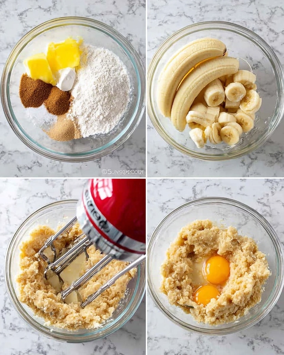 A collage of four images shows a clear glass bowl on a white marbled surface. In the first image, the bowl contains yellow butter, brown sugar, and white sugar with a red electric mixer close by. In the second image, three peeled bananas sit in the bowl with a metal masher positioned above them. The third image shows the bananas mashed into a textured, pale yellow mixture with the masher resting inside the bowl. The final image has mixed dough along the sides of the bowl with mashed bananas and two raw eggs resting on top in the center. photo taken with an iphone --ar 4:5 --v 7
