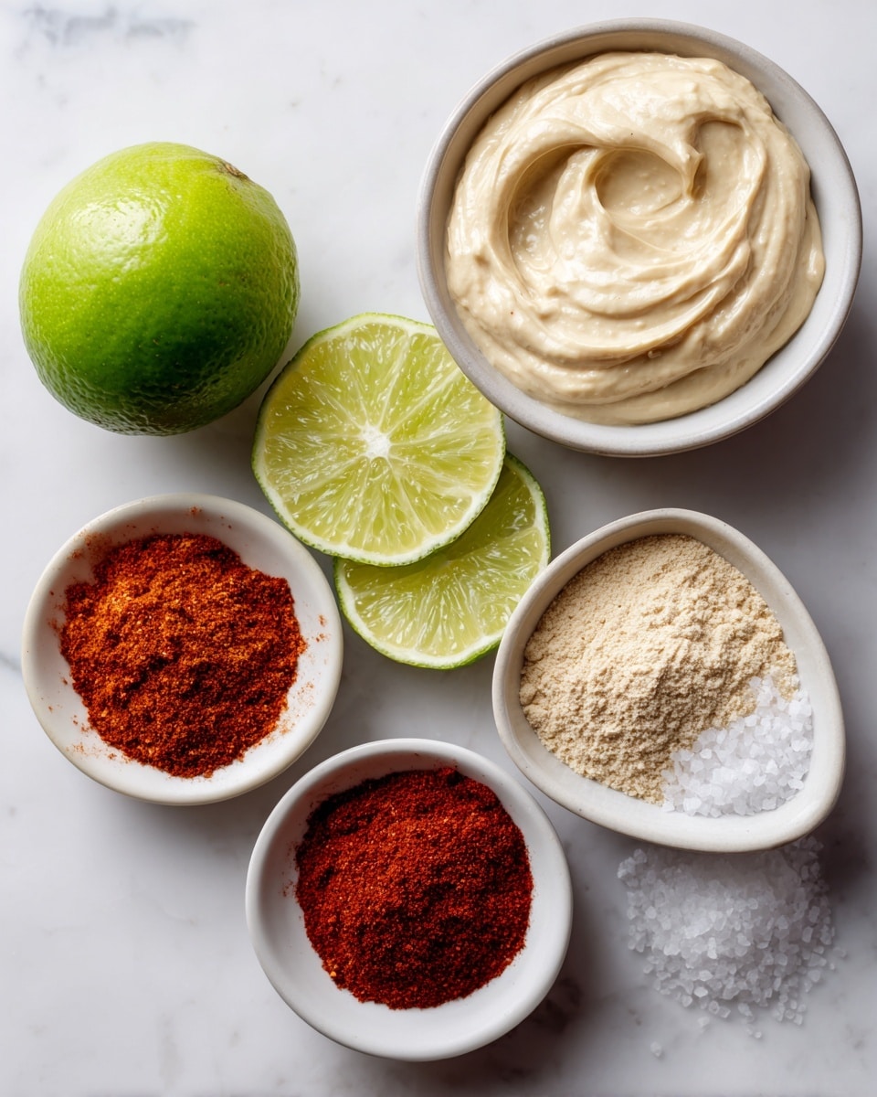 The image shows six ingredients on a white marbled surface. At the top left, there is one whole bright green lime and two halves of lime with light green pulp and white seeds. To the right, there is a white bowl filled with smooth, light beige tahini. Below the lime, there are three small white bowls arranged in a triangular shape. The top bowl has a pale beige garlic powder with a fine texture, the bottom left bowl contains dark red-orange paprika powder with a coarse texture, and the bottom right bowl holds deep red chili powder. To the far right, there is a small white bowl filled with white salt with a fine grain texture. Each ingredient is labeled with black text on white background tags. photo taken with an iphone --ar 4:5 --v 7