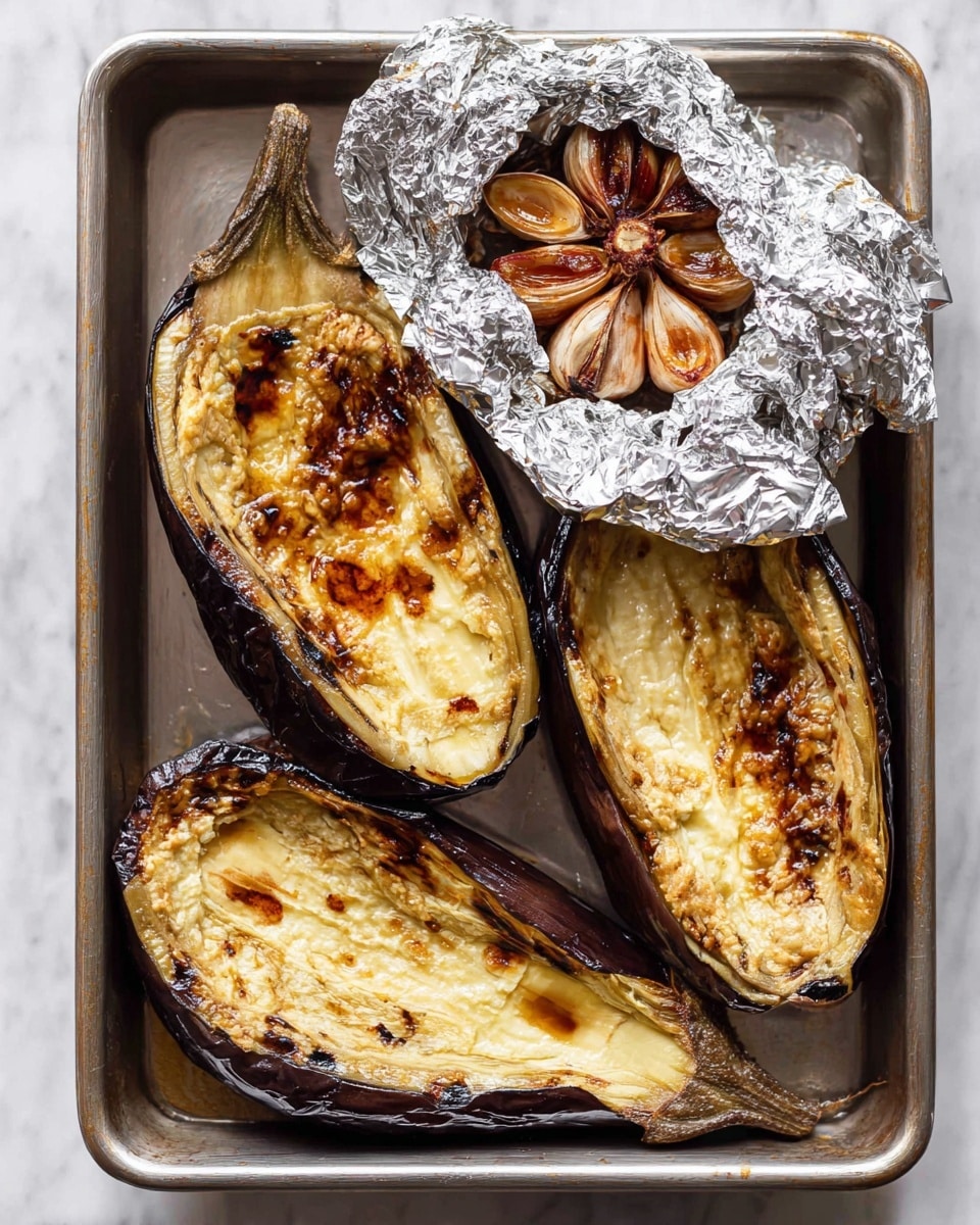 The image shows a baking tray with three cooked eggplants cut in half, their dark purple skin shriveled and slightly charred, revealing soft, creamy, pale yellow flesh with a tender and slightly fibrous texture inside. On the top right corner of the tray, there is a head of roasted garlic wrapped partially in crinkled aluminum foil, exposing caramelized golden brown garlic cloves arranged in a circular pattern. The tray rests on a white marbled surface. photo taken with an iphone --ar 4:5 --v 7
