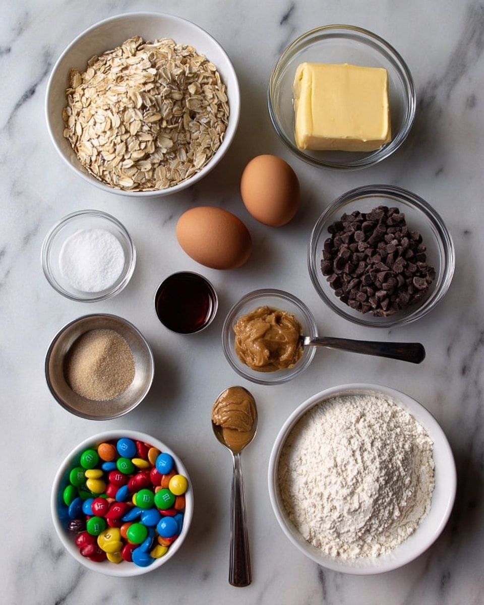 The image shows a white marbled surface with ingredients arranged neatly. There is a white bowl filled with oats near the top left, a small clear glass bowl holding a block of light yellow butter on the top right, and two brown eggs placed in the center. Below the eggs, a metal teaspoon of light brown peanut butter sits to the right, while a metal cup of white sugar is on the left. Three small metal bowls are lined up underneath: the first holds white baking soda, the second has white baking powder, and the third contains brown vanilla extract. To the bottom left, a white bowl is filled with colorful M&Ms, next to it is a tablespoon of light brown brown sugar, and a larger white bowl on the bottom right is filled with white flour. Below the bowls, there is another white bowl filled with small dark chocolate chips. photo taken with an iphone --ar 4:5 --v 7