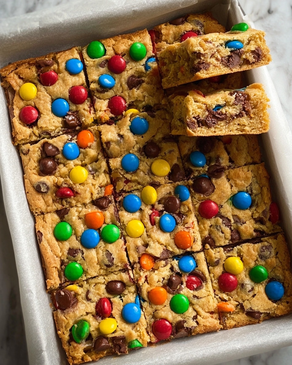 The image shows a tray filled with square pieces of cookie bars covered in colorful candy-coated chocolate pieces scattered on top. The cookie bar base is a golden brown color, with a slightly rough texture and small chocolate chips inside. The candy pieces are bright and varied in colors: red, blue, yellow, green, orange, and brown, creating a vibrant contrast. Two pieces are stacked on the upper right side, revealing the inside texture with melted chocolate chunks. The cookie bars rest in a white parchment paper-lined tray and the background is a white marbled surface. Photo taken with an iphone --ar 4:5 --v 7
